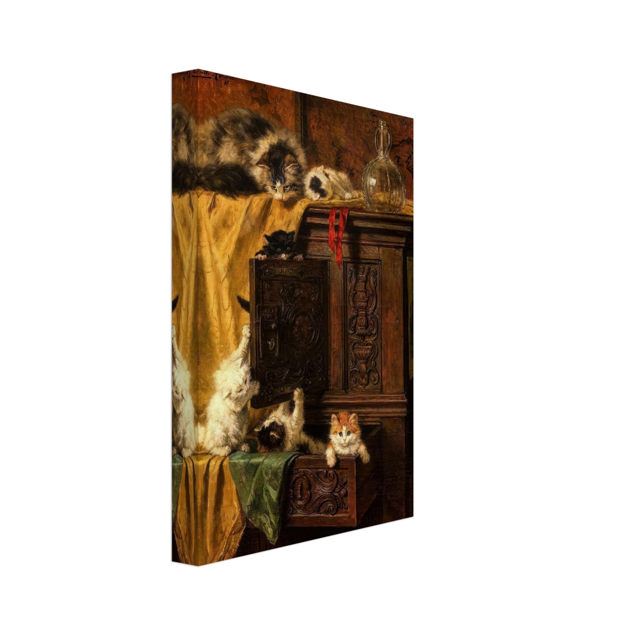 Vintage Cat Painting canvas print featuring playful kittens atop an antique cabinet in warm tones.