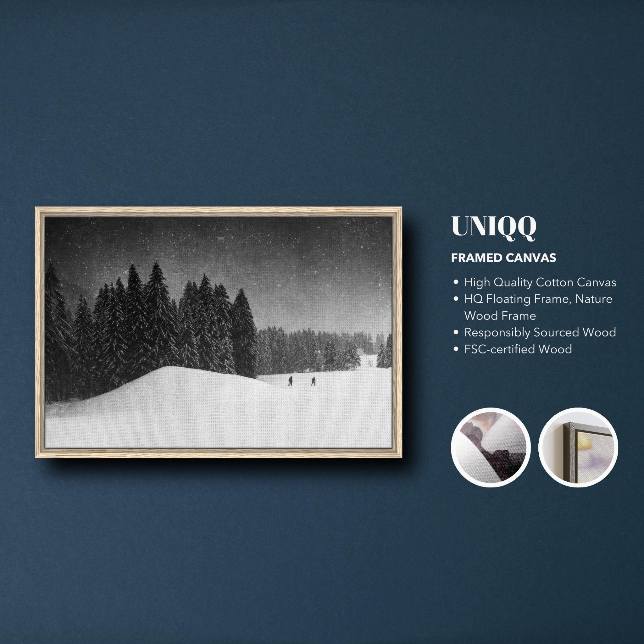 Winter Crossing framed canvas print showcasing snow-draped evergreens under a starlit sky in a natural Wood frame.