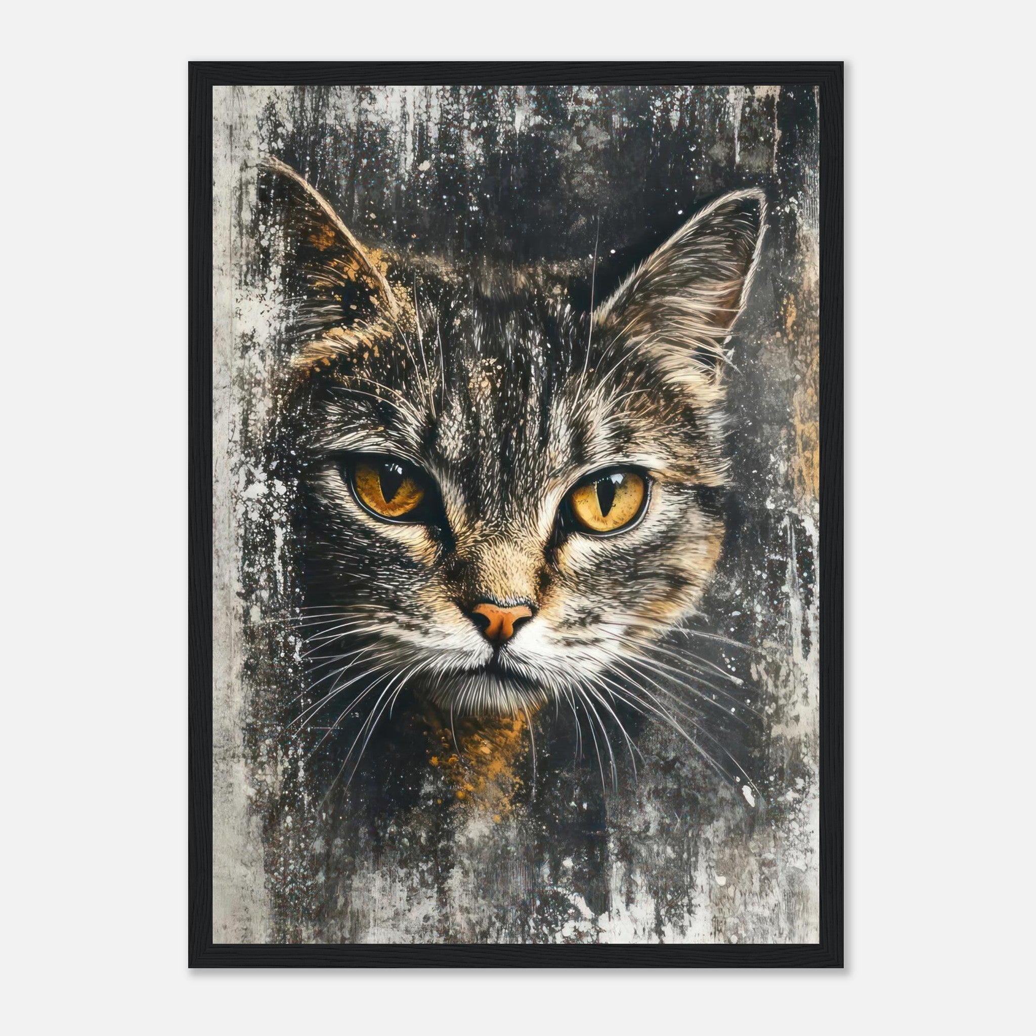 Framed print of a cat painting, featuring a close-up of a cat with golden eyes and a textured background.