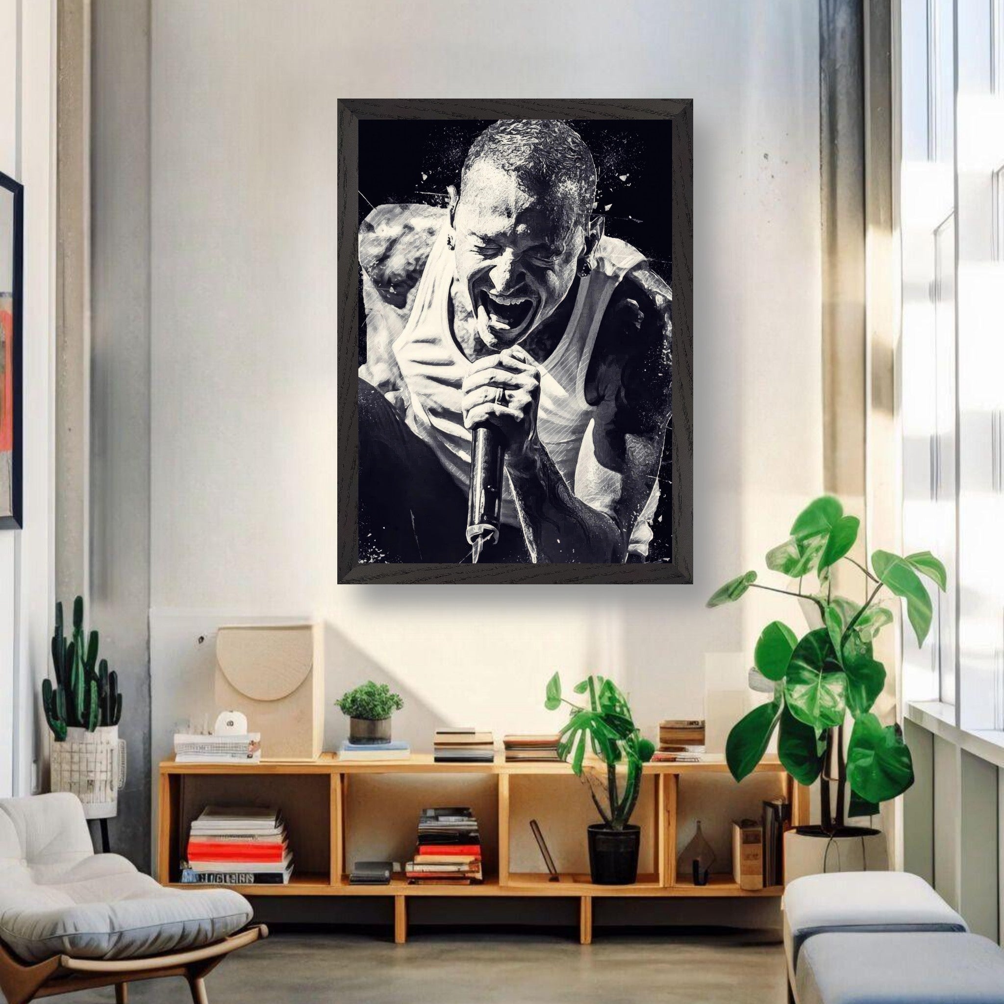 Chester Bennington vintage framed print showcasing intense performance in a stylish living room setting.