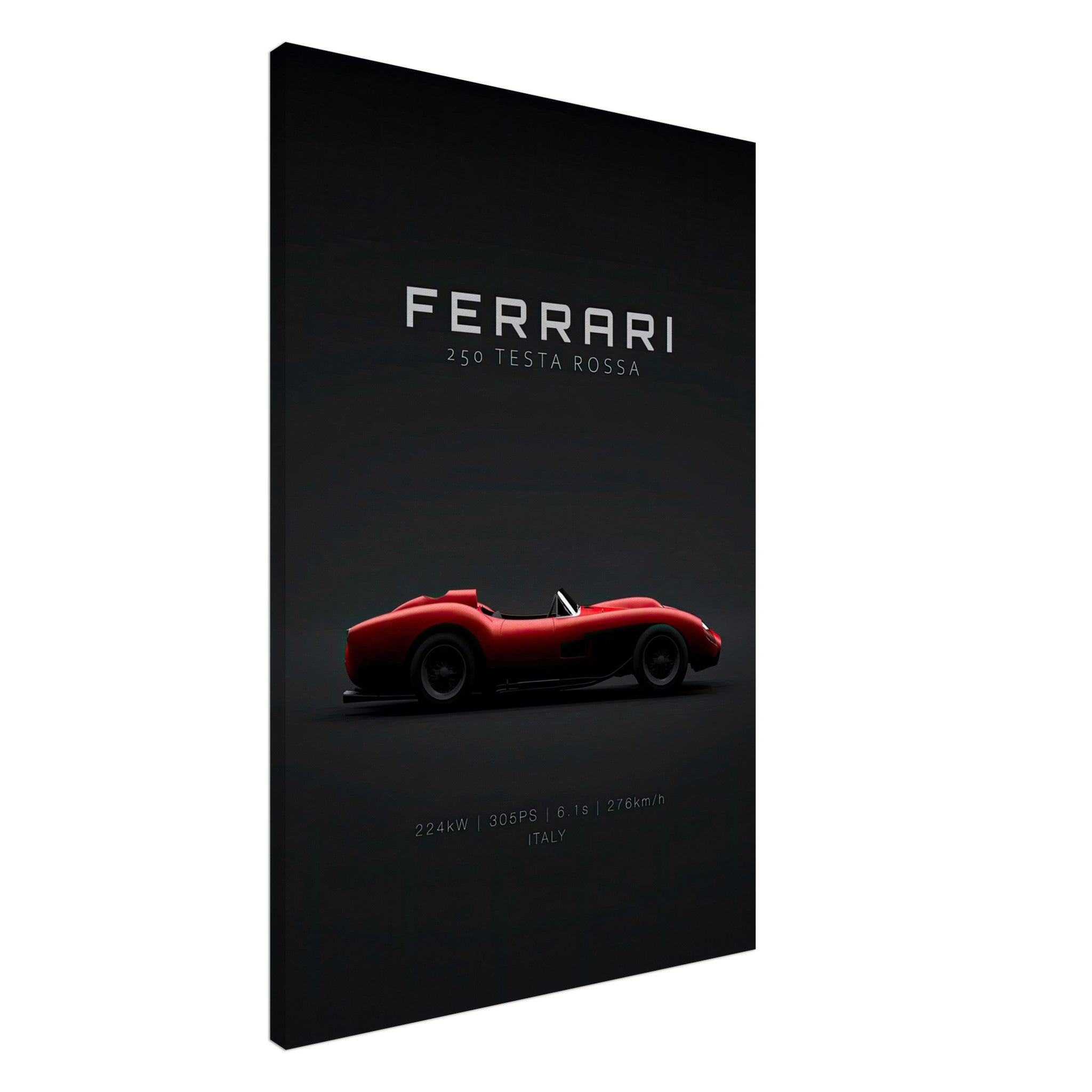 Ferrari 250 Testa Rossa canvas artwork showcasing iconic sports car silhouette on black background.
