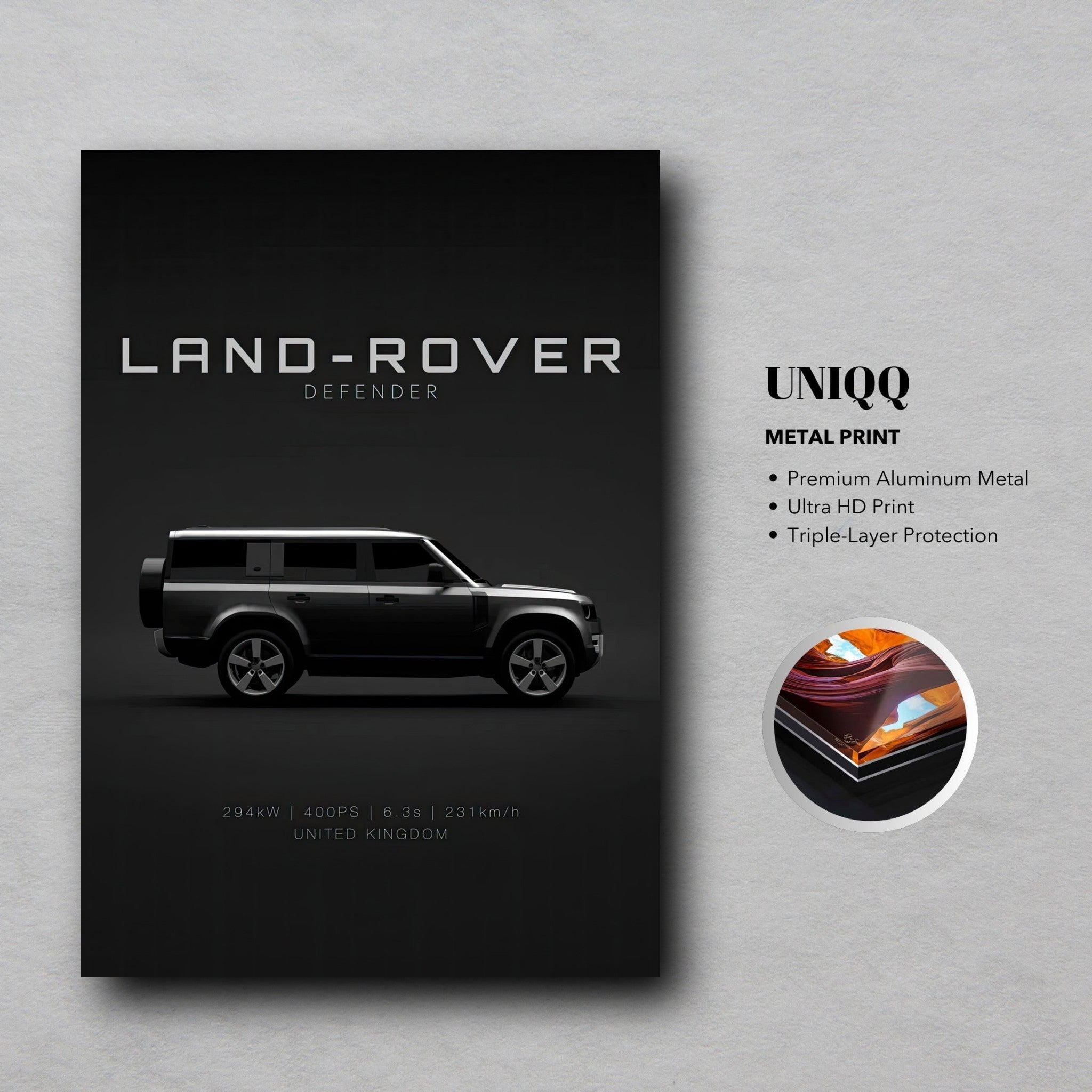 Land Rover Defender metal print showcasing sleek design on black background, ideal for modern wall decor.