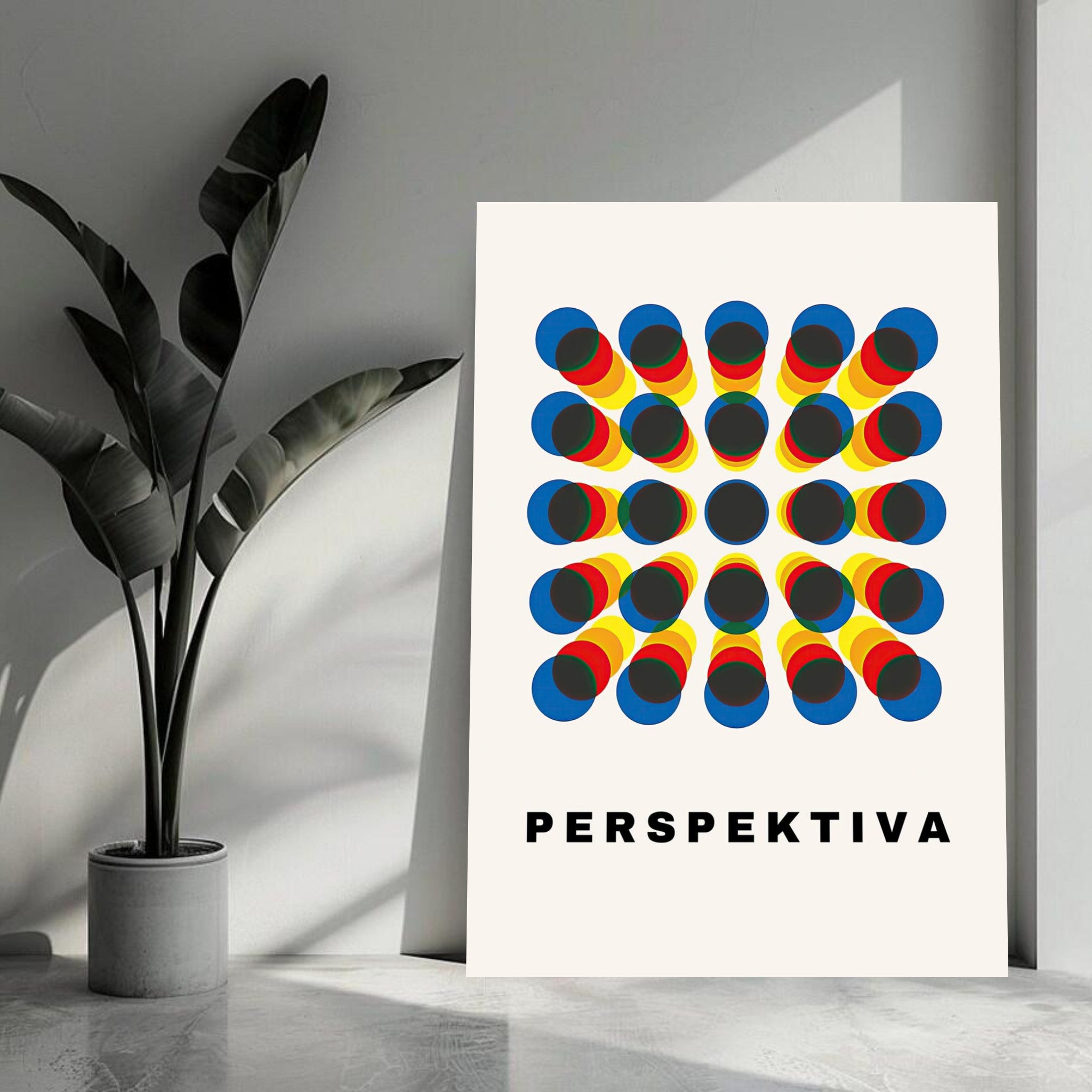 Perspective Abstract Art Metal Print featuring vibrant geometric shapes in red, yellow, and blue for a dynamic look.