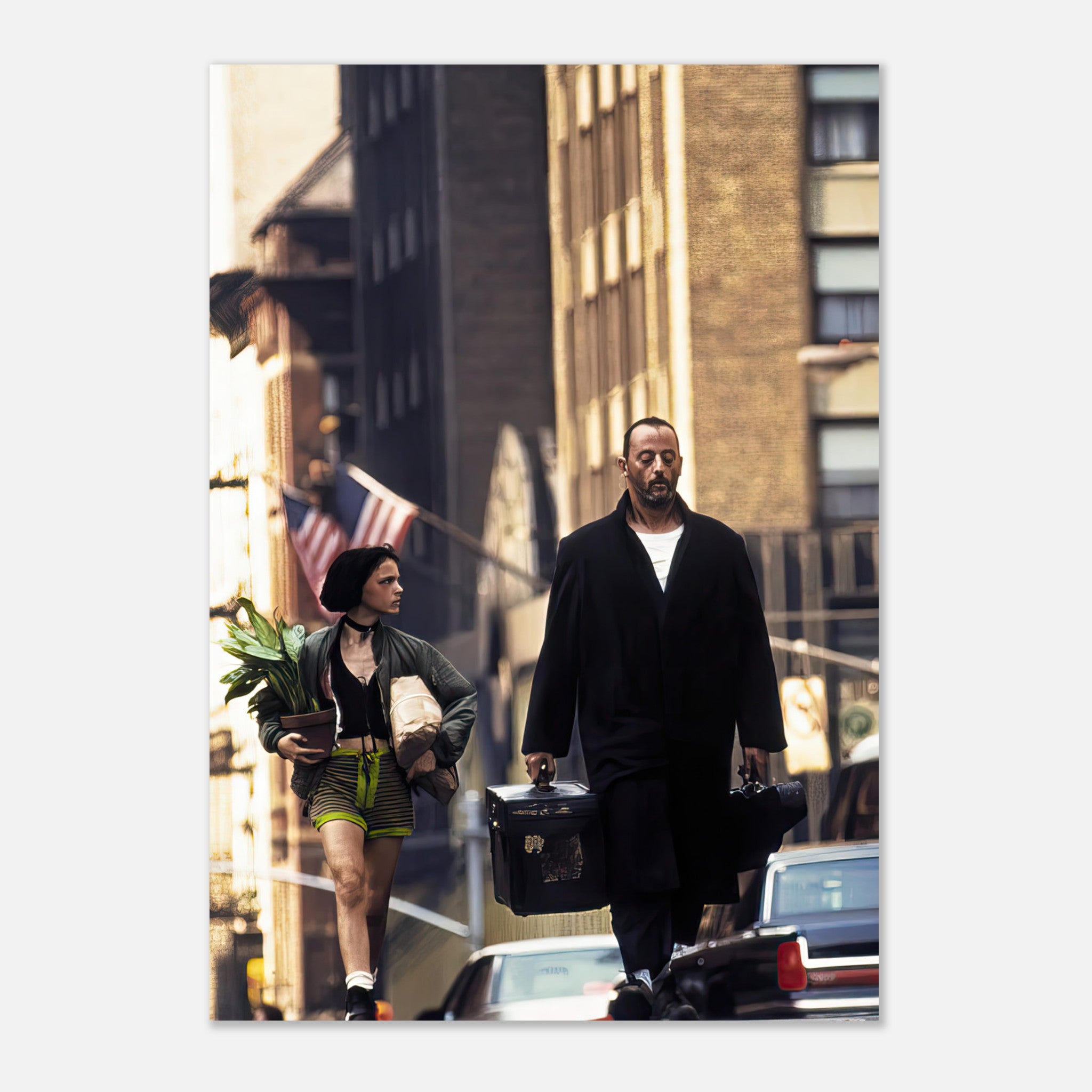 Jean Reno and Natalie Portman in iconic scene from *Leon: The Professional*, metal print artwork.