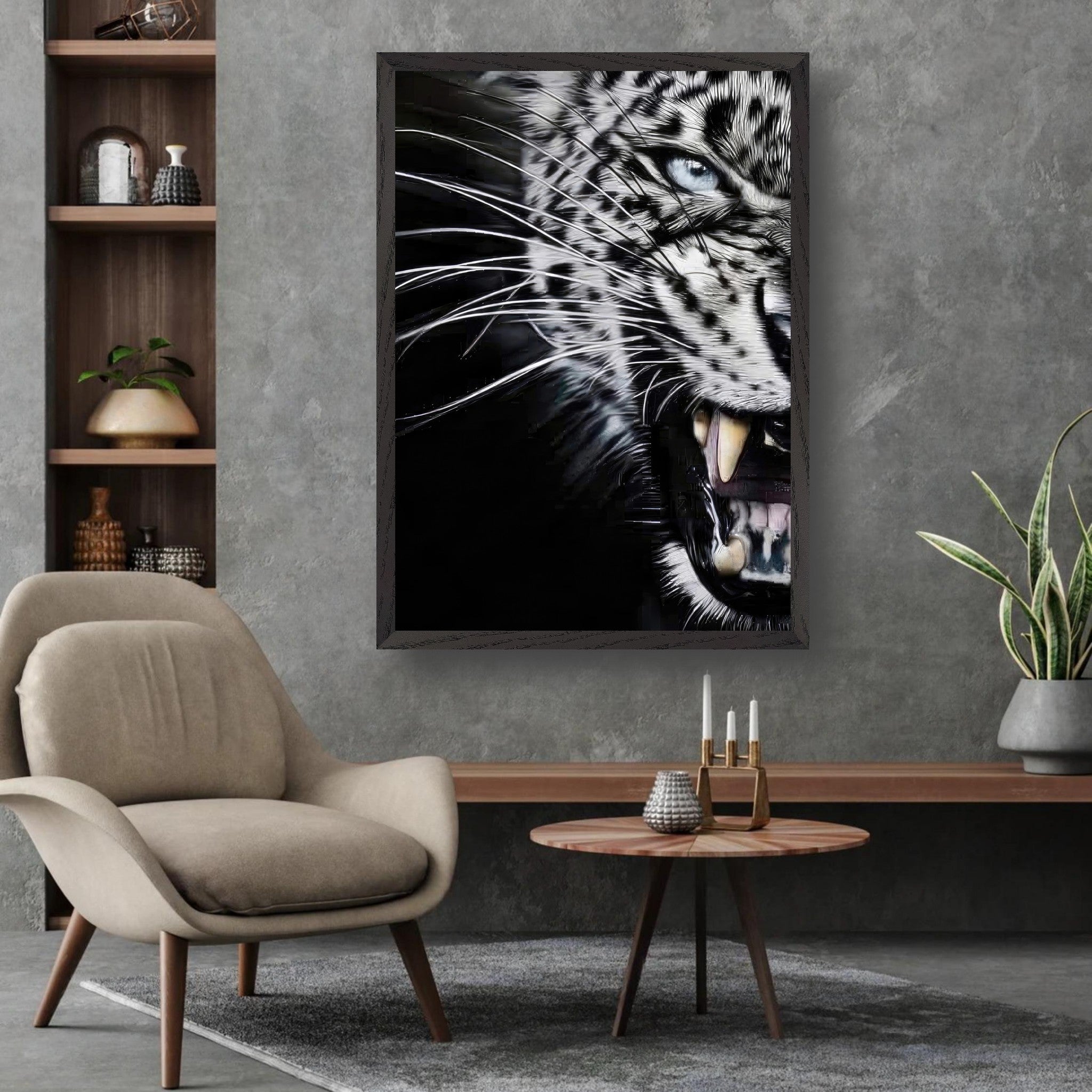Leopard Close-Up Portrait showcasing fierce expression and intricate fur details in a modern interior setting.