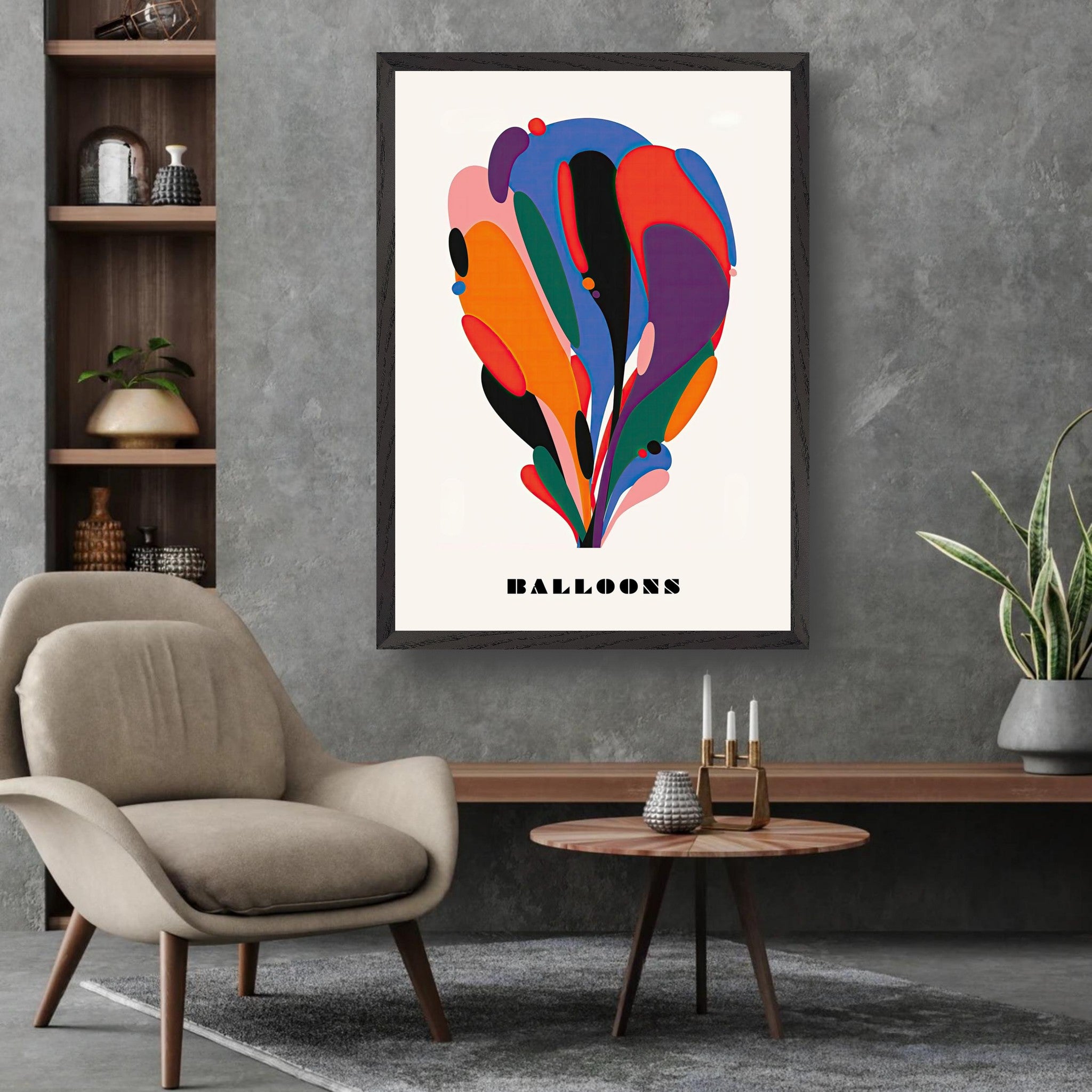 Abstract Balloon Art print with vibrant colors and dynamic shapes, enhancing modern home decor.