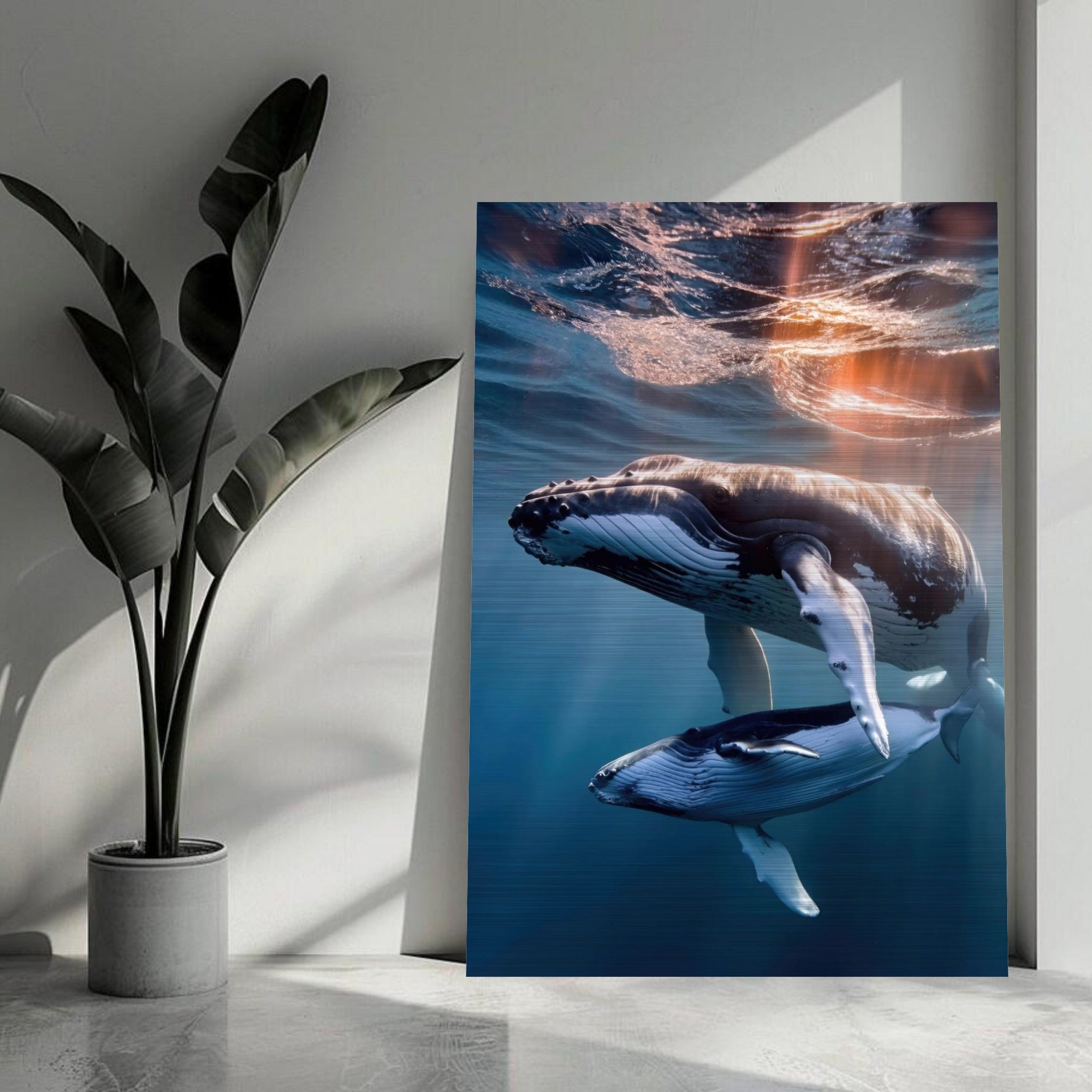 Underwater photography of humpback whales in vibrant blue waters, showcasing a mother and calf.