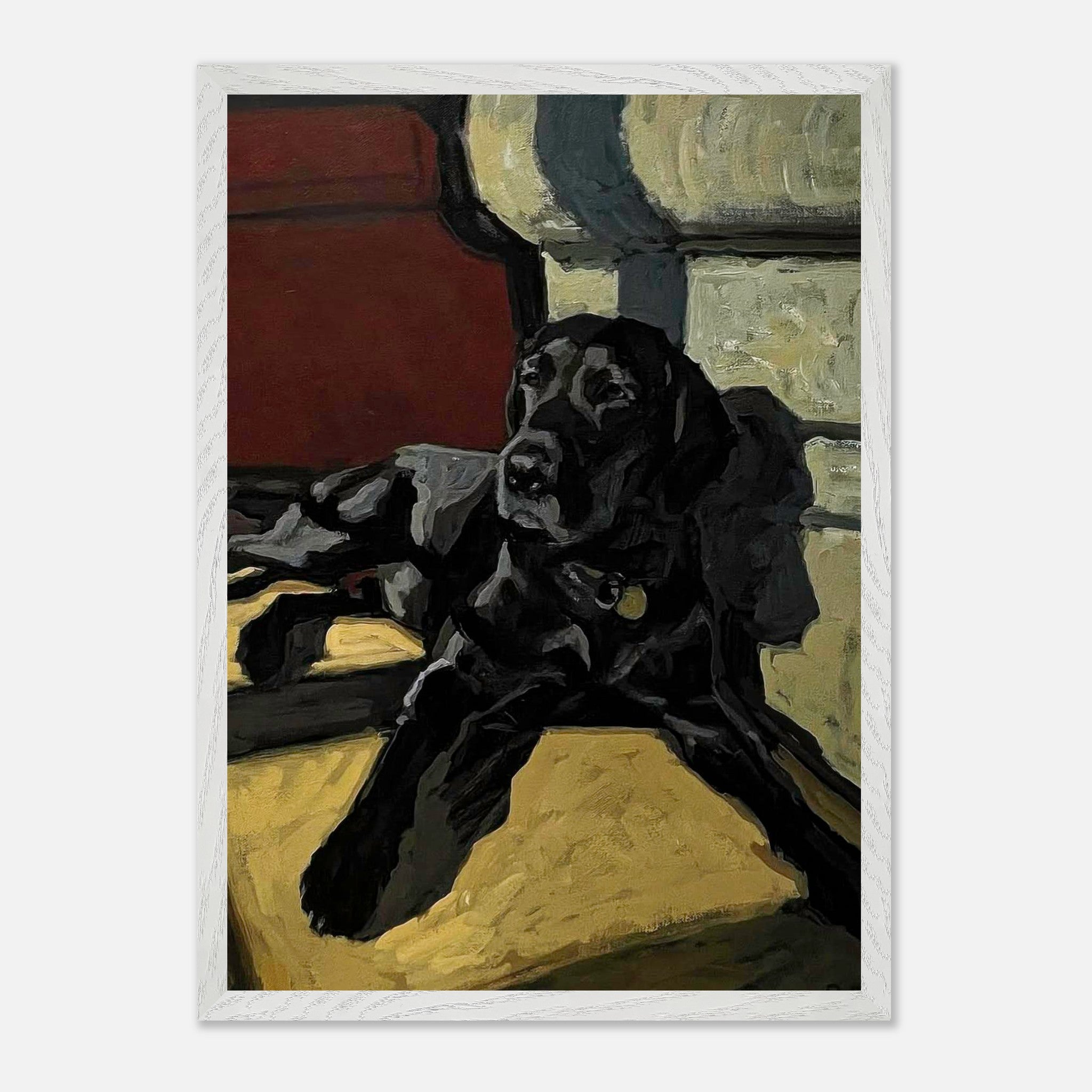 Black Labrador dog painting in vintage frame, showcasing a loyal dog basking in warm light.