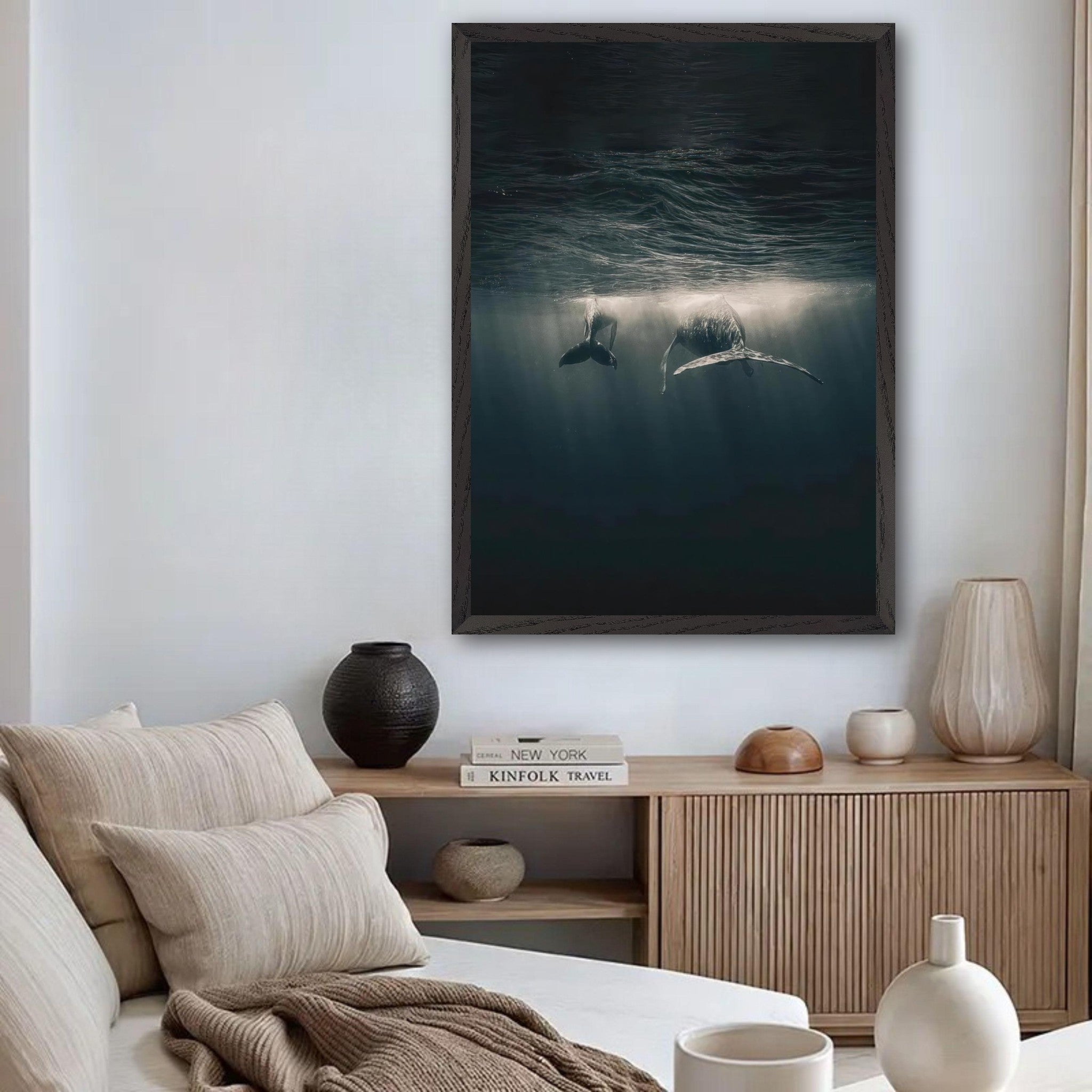 Fine art print of two whales underwater displayed in a modern living room, highlighting tranquil oceanic beauty.