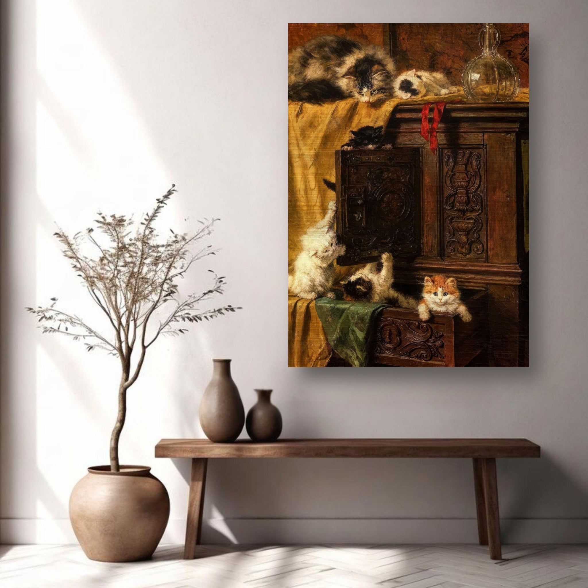 Vintage cat painting on brushed metal, showcasing playful kittens in warm tones, enhancing home décor.