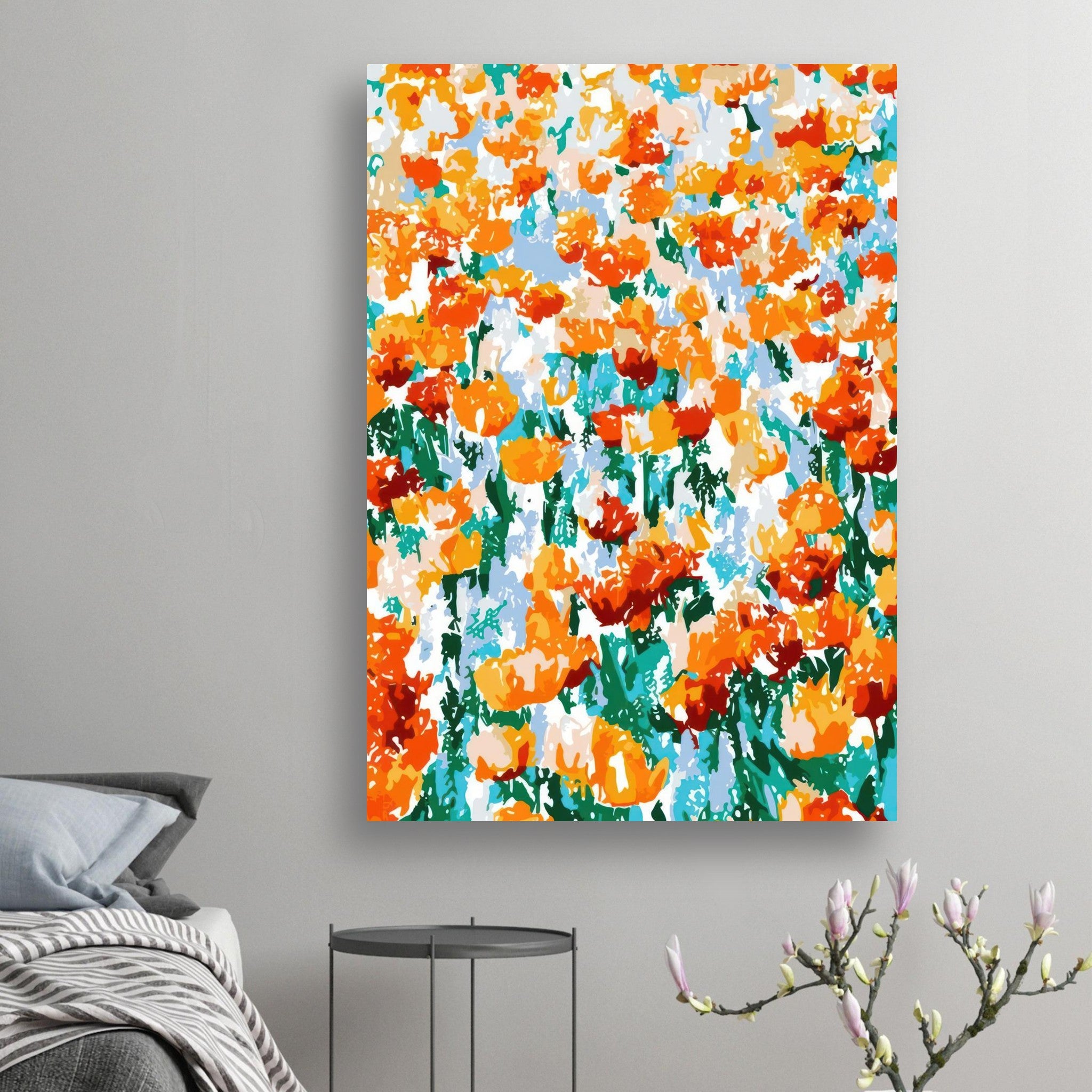 Vibrant abstract floral tulip garden poster featuring bold orange and green colors, perfect for home decor.