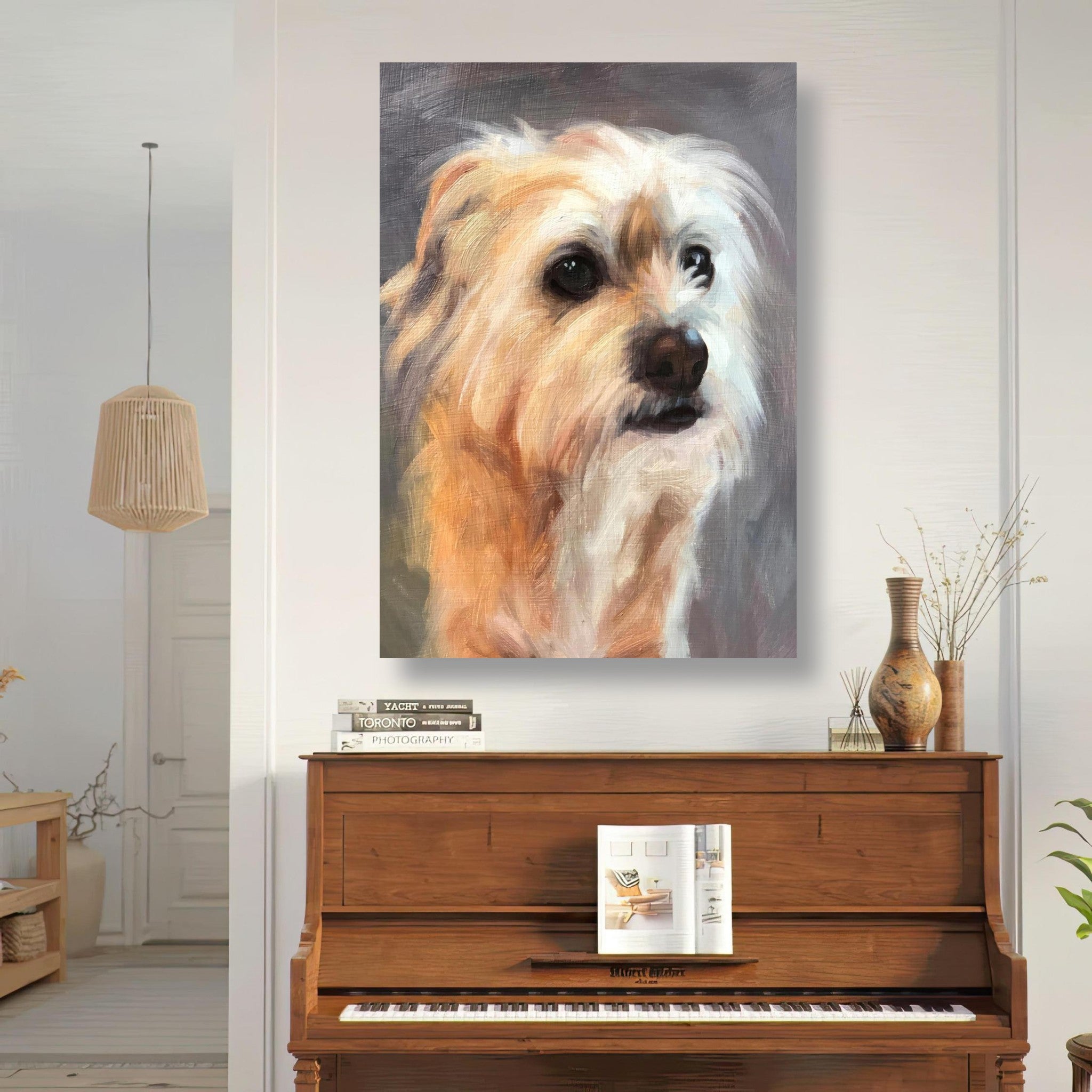 Terrier dog painting metal print on wall above piano, featuring lifelike details and warm colors.