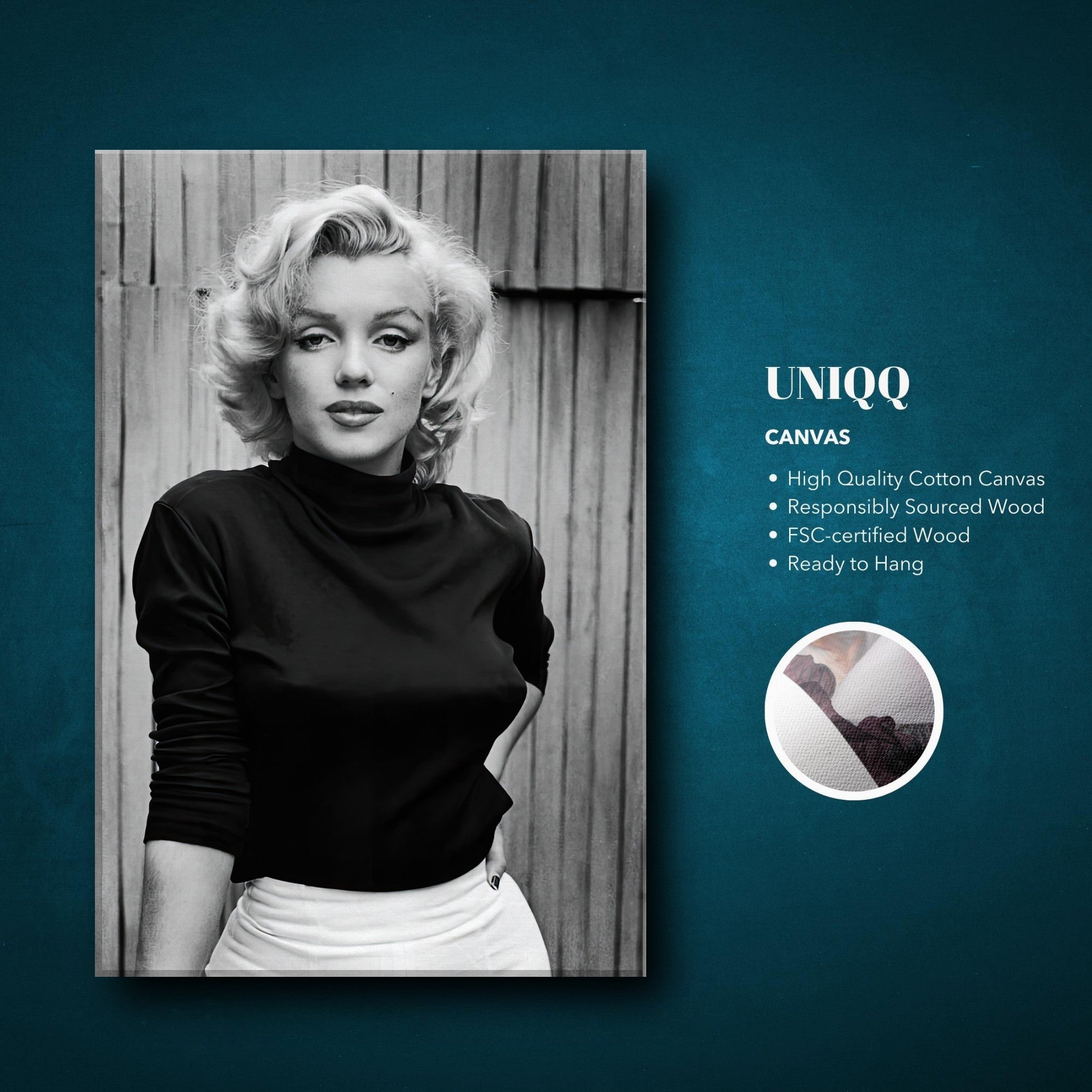 Marilyn Monroe black-and-white canvas portrait, high-quality cotton, ready to hang artwork for home or office décor.