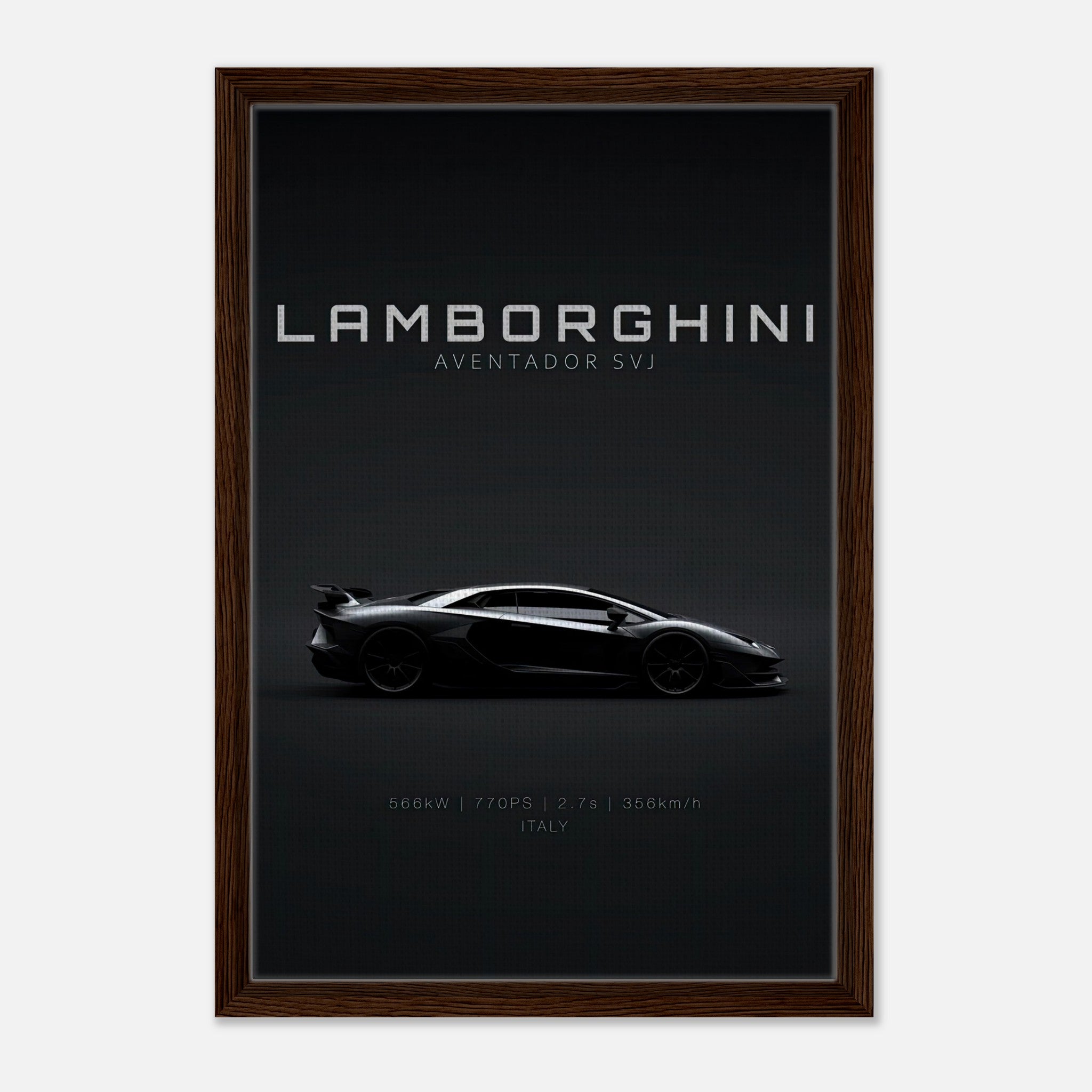 Lamborghini Aventador SVJ Framed Canvas artwork showcasing its sleek design on a black backdrop.
