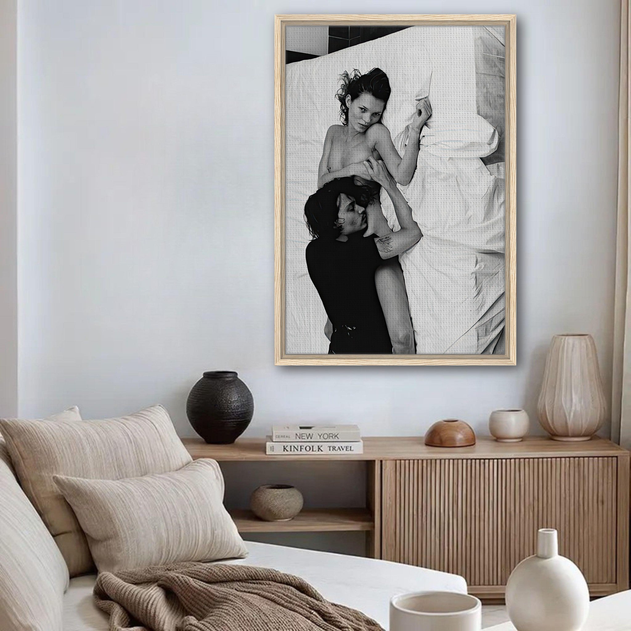 Kate Moss & Johnny Depp framed canvas print in a stylish living room, capturing 1994 romance in black-and-white.