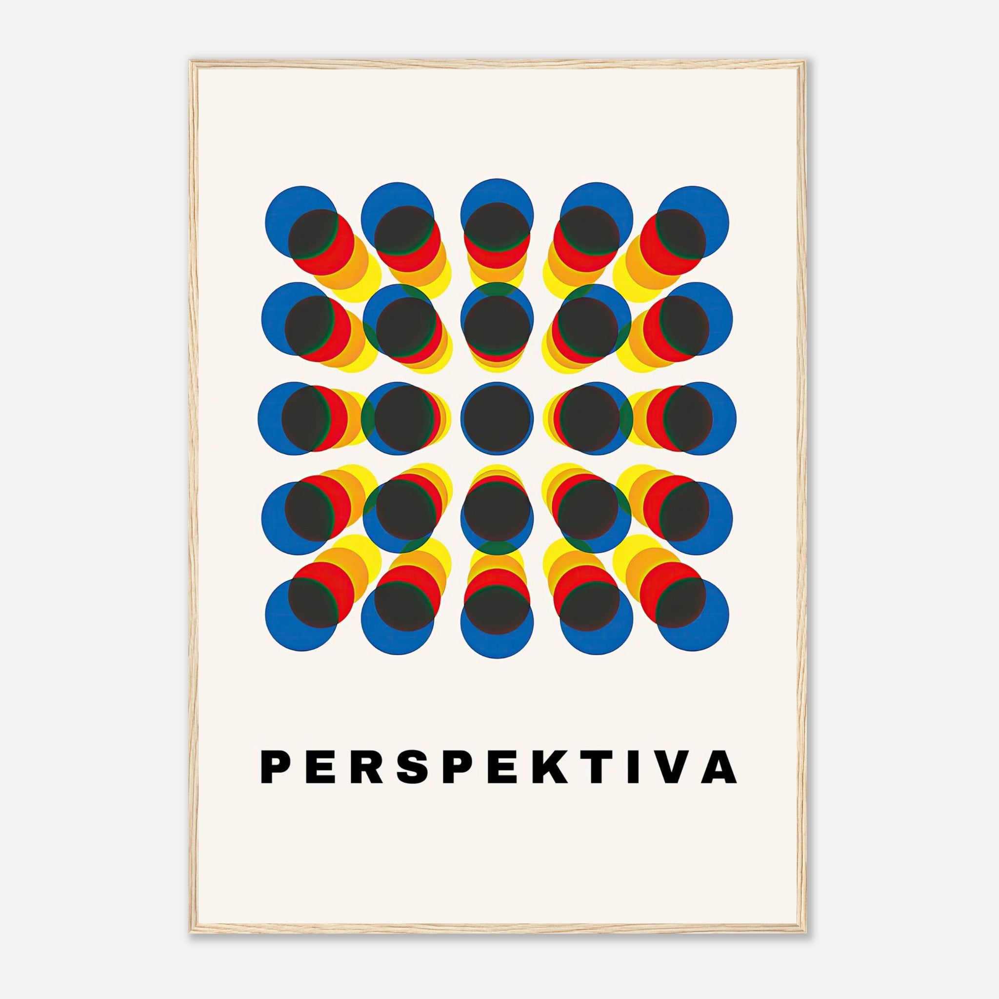 Perspective Abstract Art Framed Print with geometric pattern and vibrant colors blue, red, yellow.