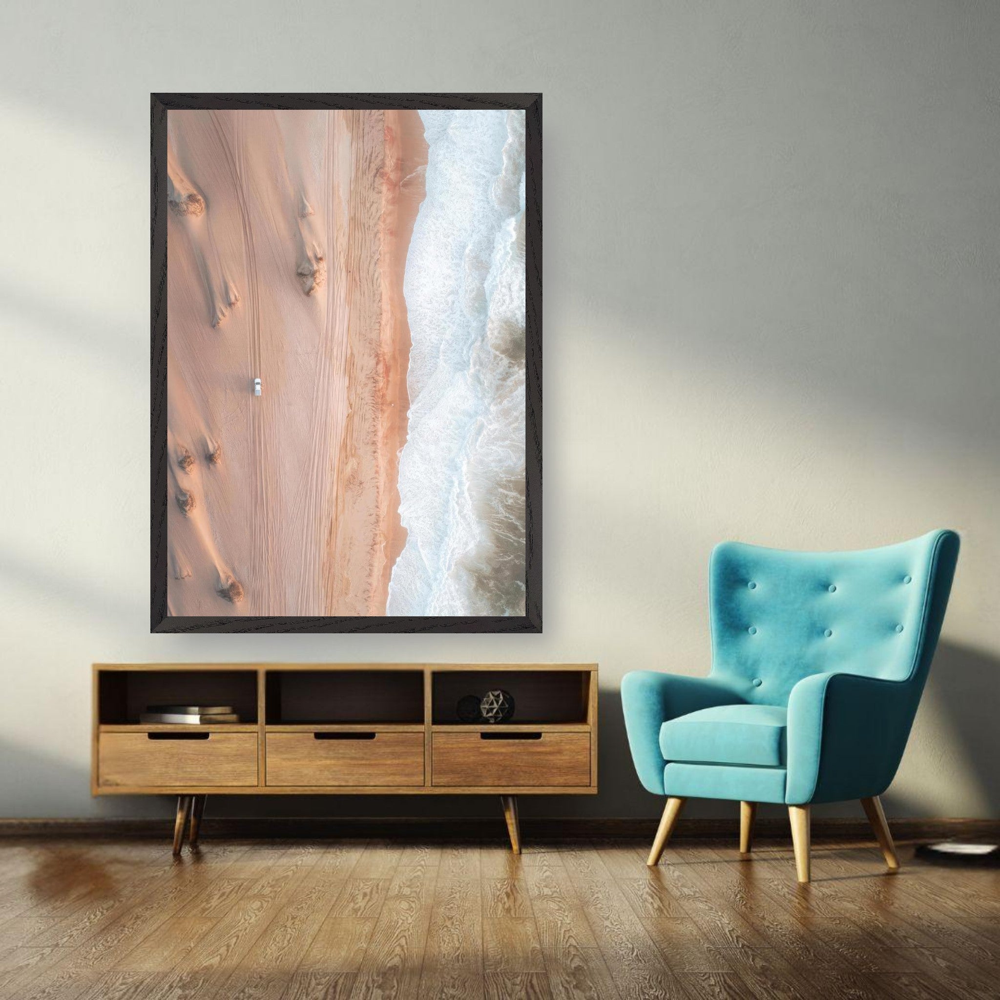 Stunning fine art drone photograph titled 'Where Desert Meets Ocean' showcasing golden dunes and the sea.