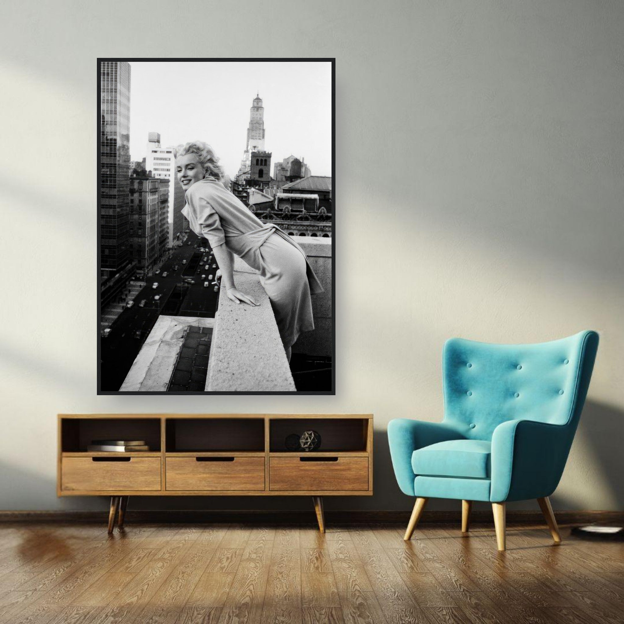 Framed print of Marilyn Monroe on NYC rooftops, capturing 1950s glamour and elegance in black-and-white.