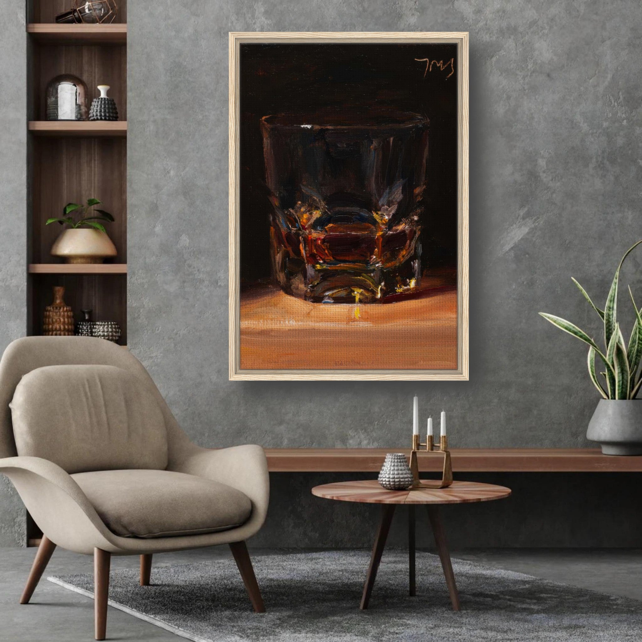 Framed canvas print of a whiskey glass capturing rich amber hues, adding sophistication to home décor.