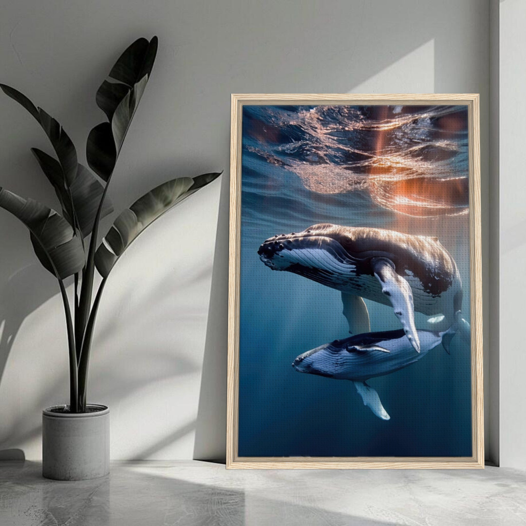 Framed canvas print of humpback whale and calf underwater, showcasing marine beauty and tranquility.