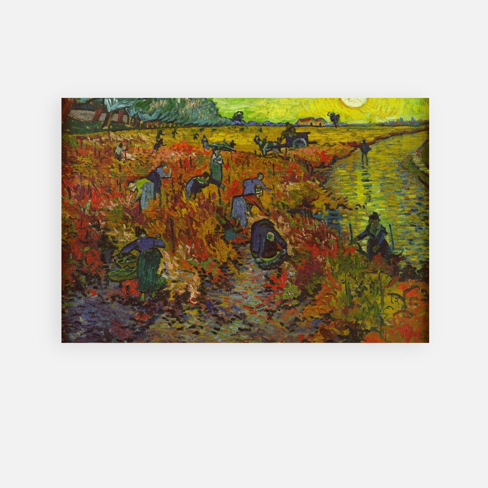 The Red Vineyard by Van Gogh on brushed metal, showcasing vibrant autumn colors and dynamic scenes of harvest.