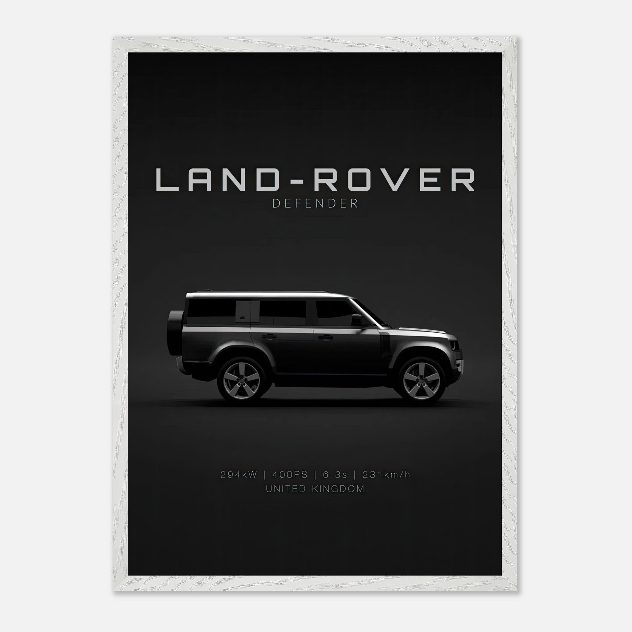 Land Rover Defender vintage framed art featuring a sleek silhouette on a black background, ideal for collectors.