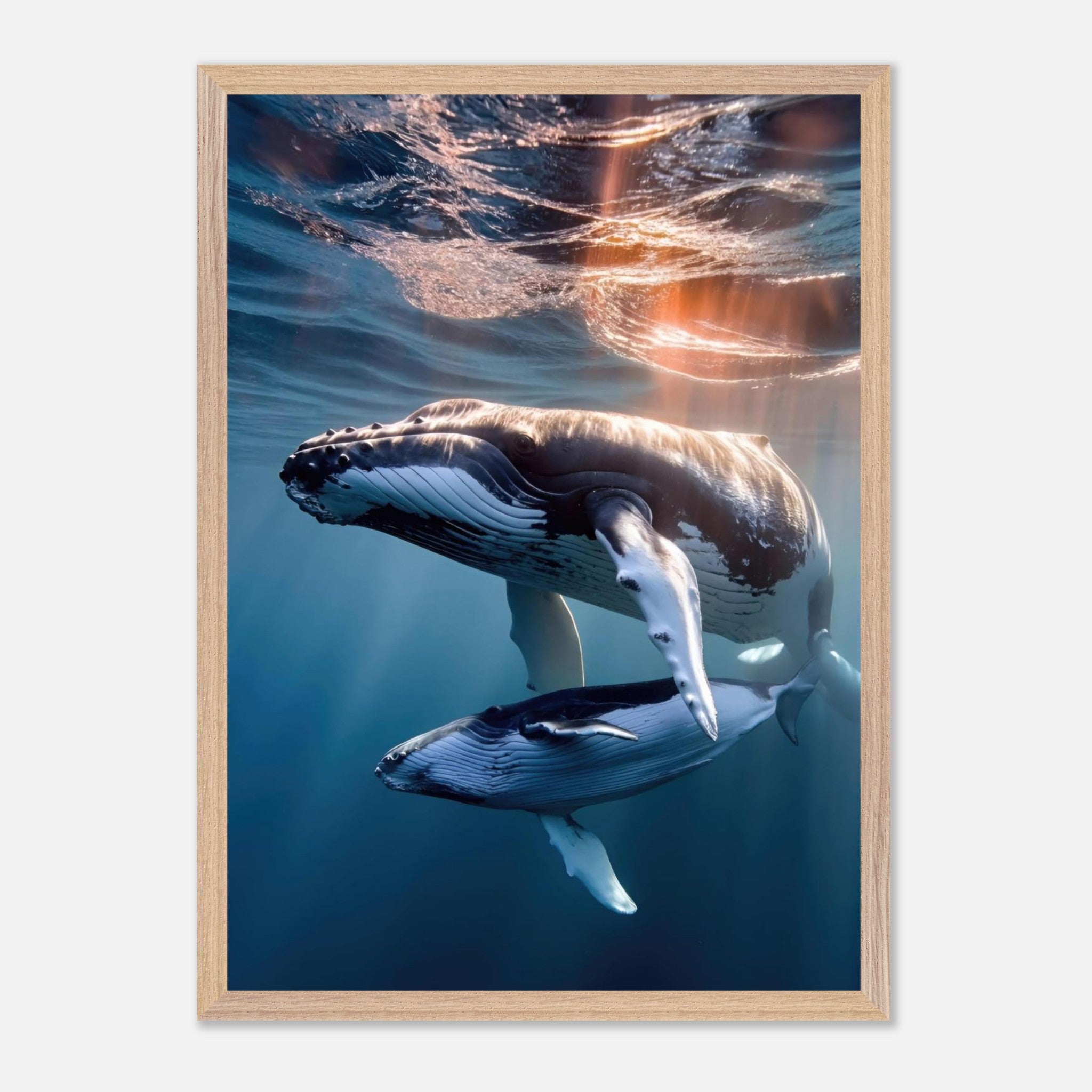Underwater photography of a humpback whale and calf, showcasing ocean beauty and fine art quality.