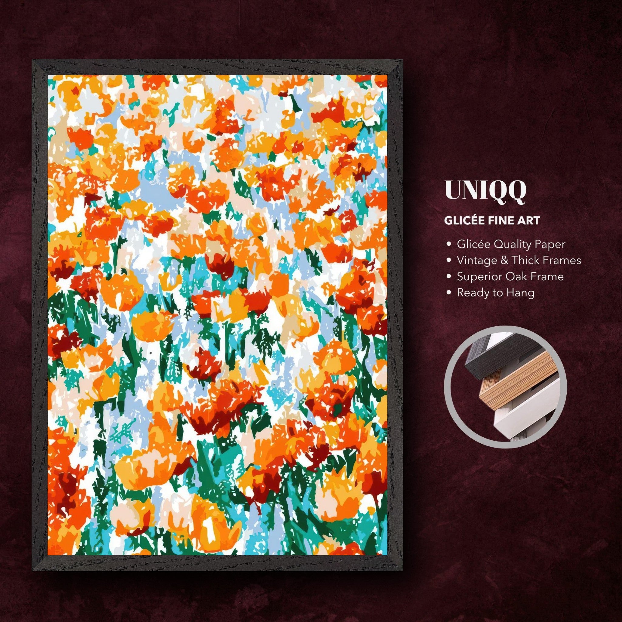 Vibrant abstract floral tulip art featuring bold orange and red blooms in a thick vintage frame, ready to hang.