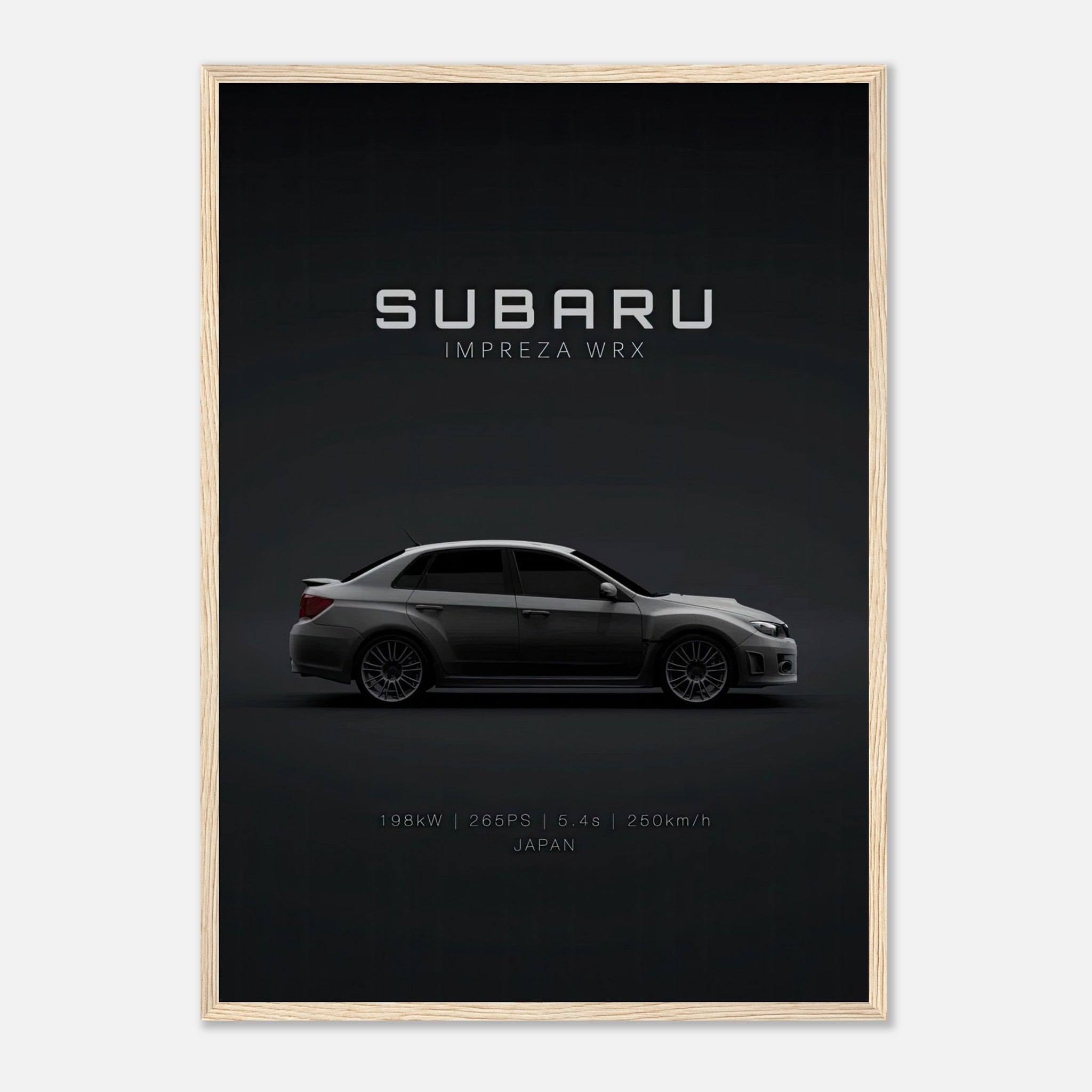 Subaru WRX framed poster featuring a sleek side view of the iconic Subaru Impreza WRX on a dark background.