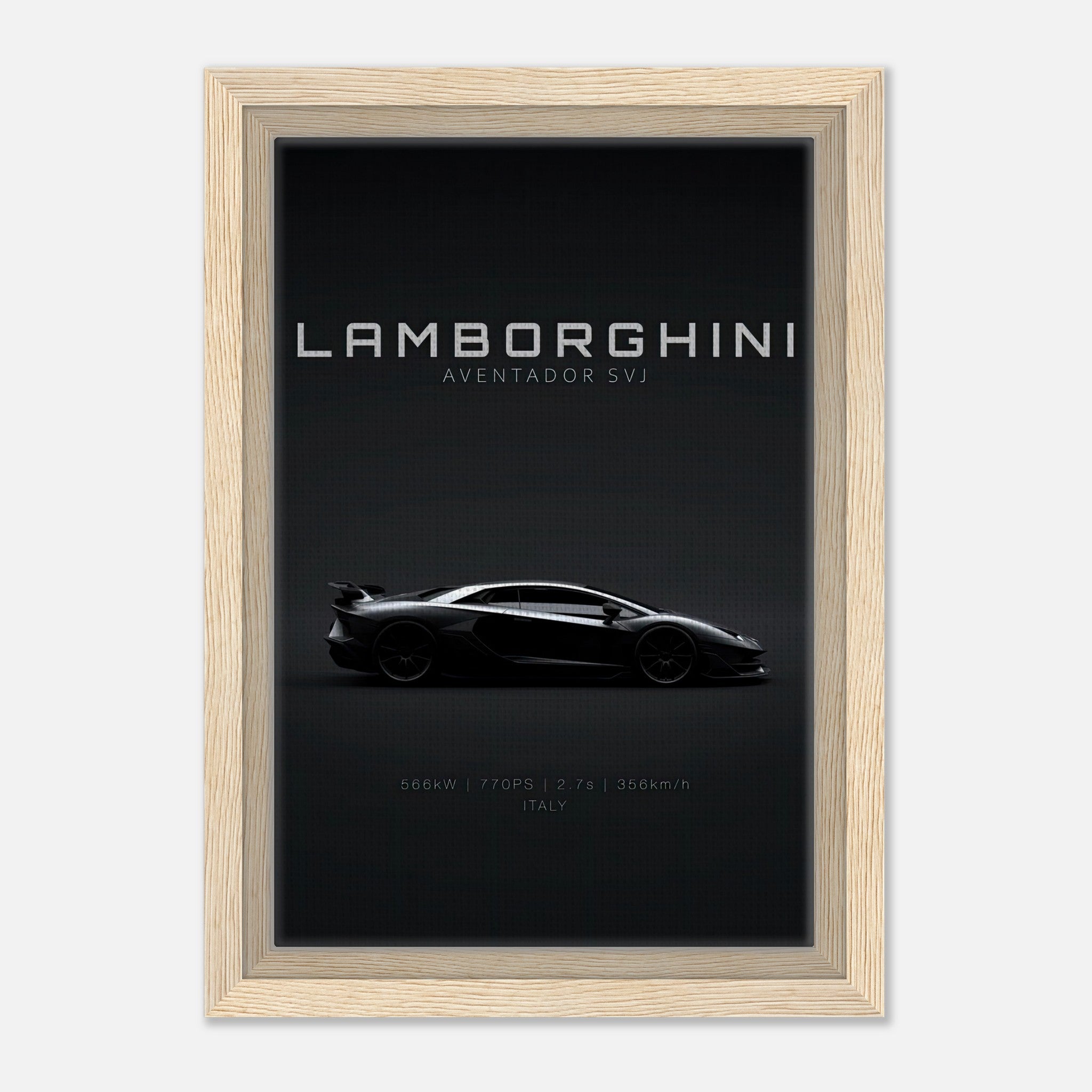 Lamborghini Aventador SVJ Framed Canvas artwork showcasing sleek design and powerful silhouette on black backdrop.