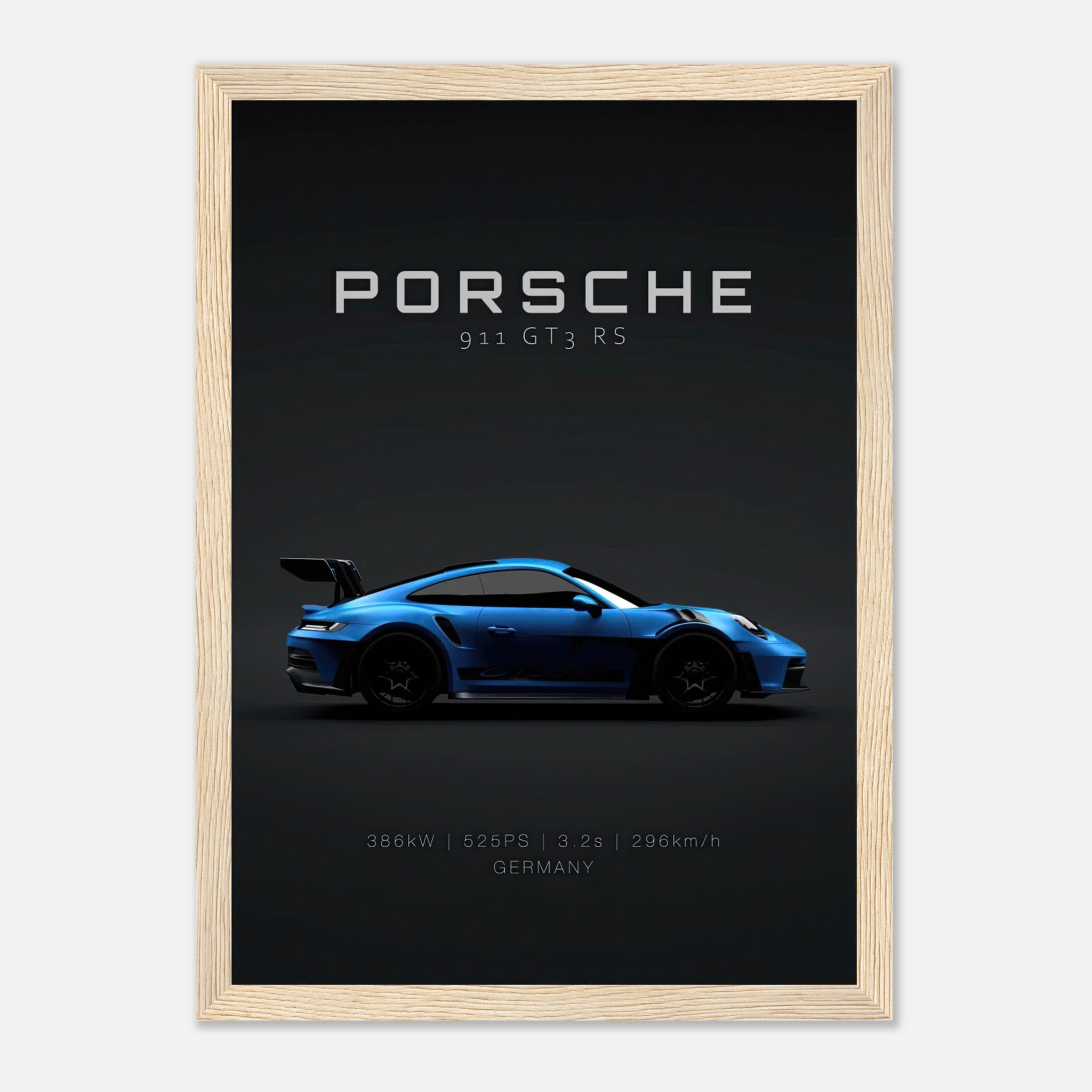Framed poster of Porsche 911 GT3 RS showcasing its sleek blue design and performance stats.