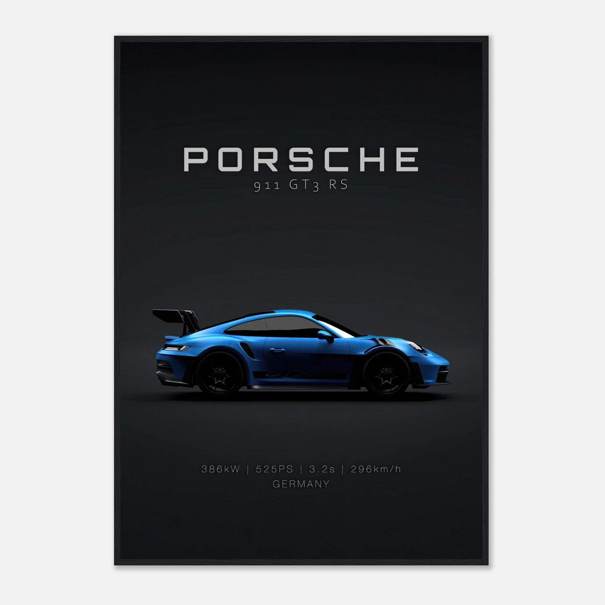 Porsche 911 GT3 RS framed poster showcasing sleek blue sports car with performance stats on dark background.