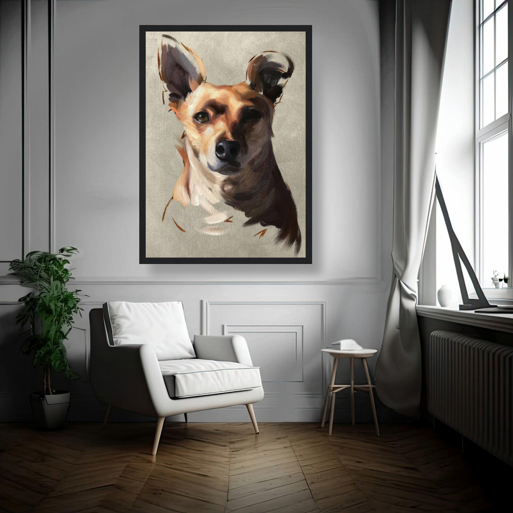 Chihuahua dog painting framed print showcasing its charming expression and playful nature in a stylish living room.