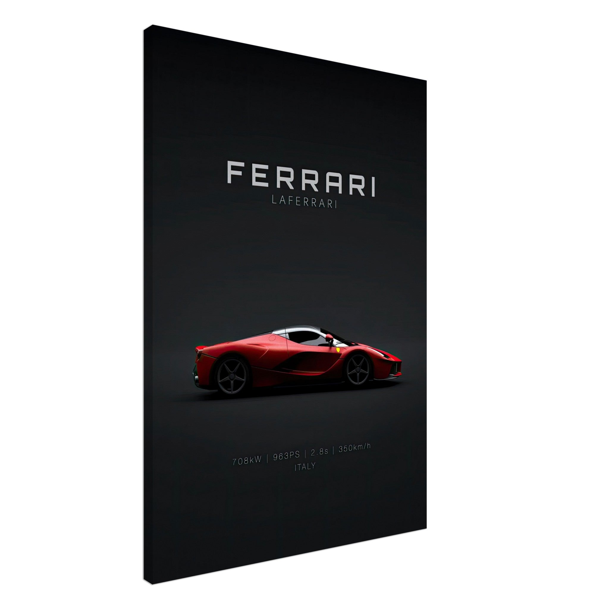 Ferrari Laferrari canvas artwork showcasing a sleek red supercar silhouette on a dark background, perfect for enthusiasts.