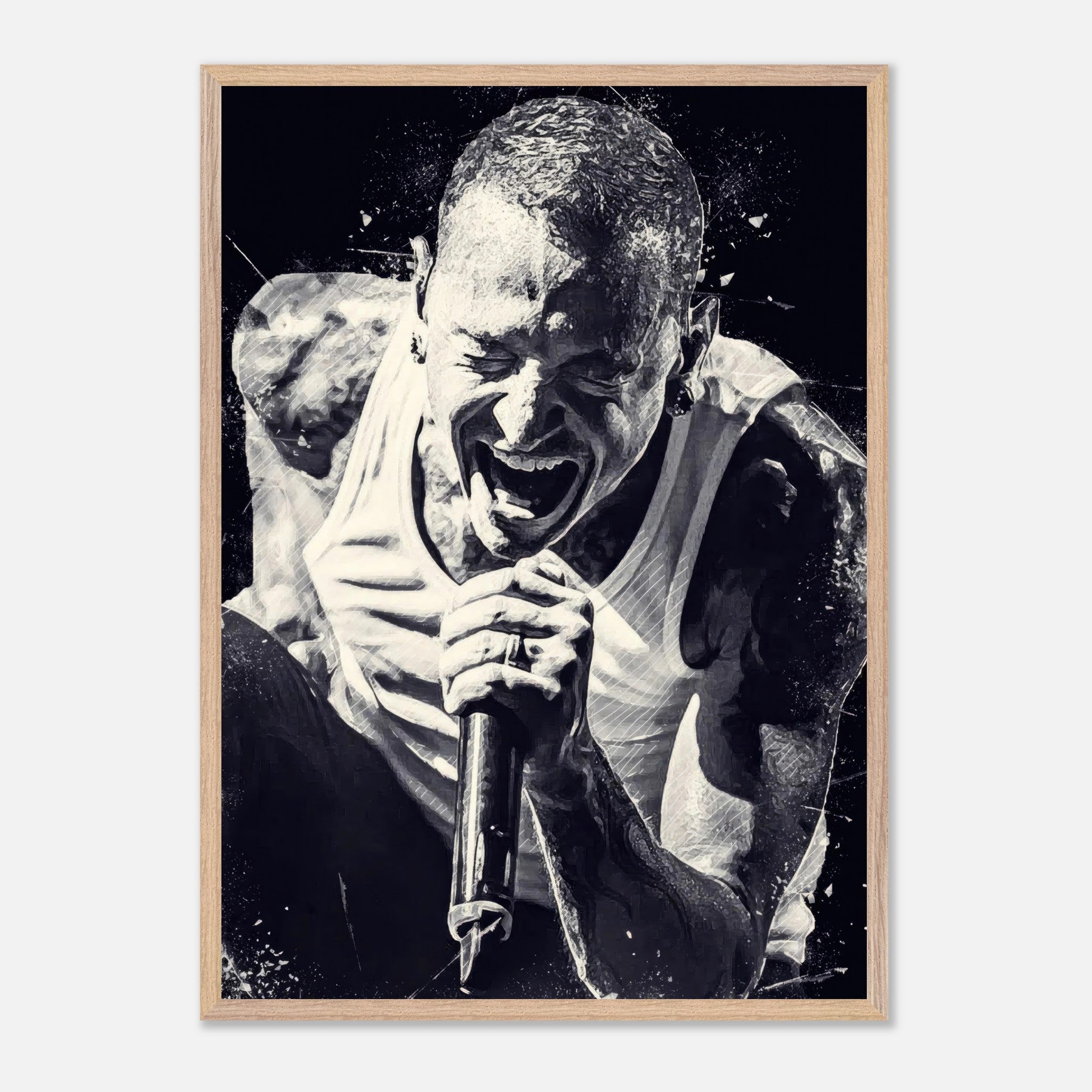 Chester Bennington museum-quality fine art print showcasing his intense performance and passion in black and white.