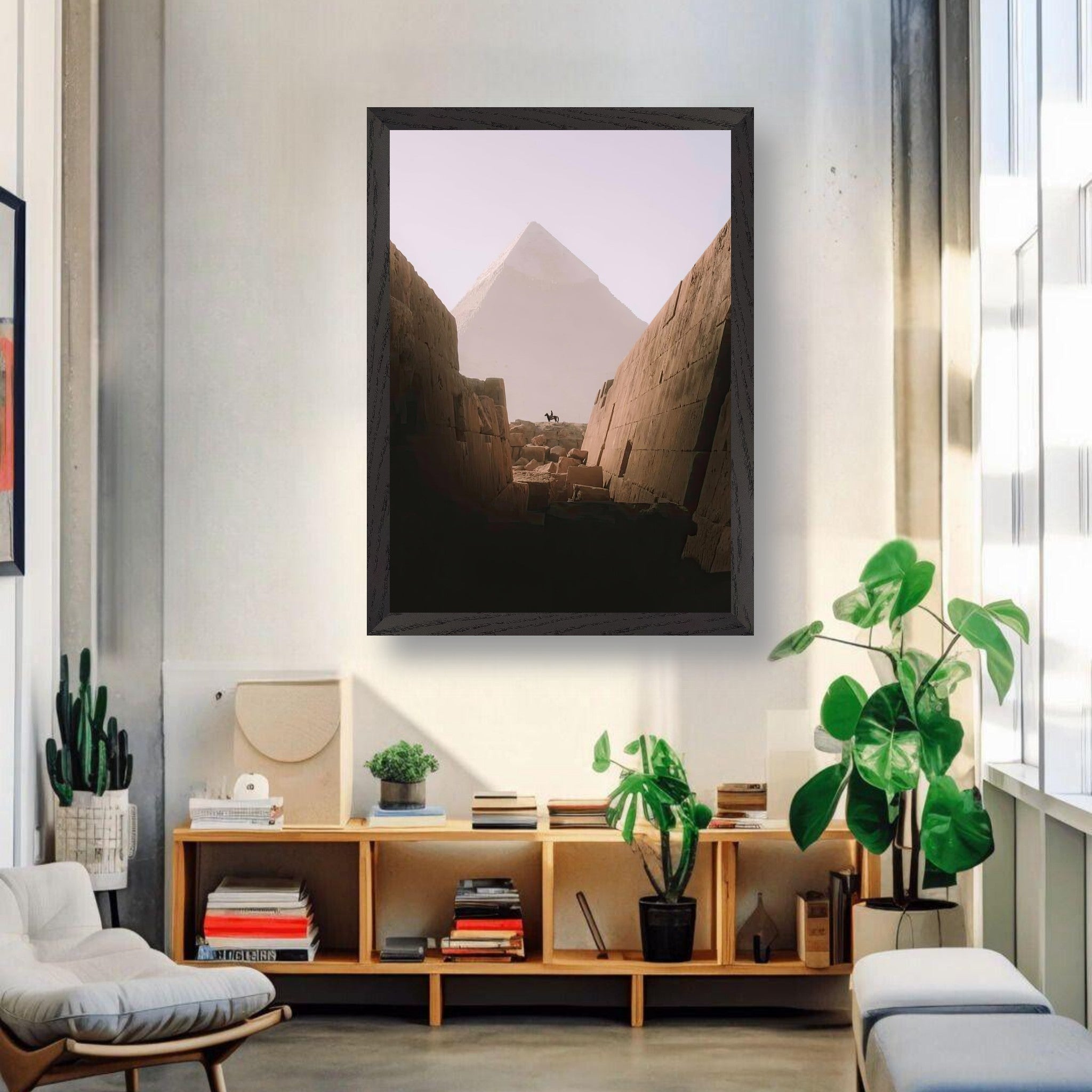 Vintage print of Horse & Rider in front of the Great Pyramid of Giza, showcasing ancient Egypt's beauty.