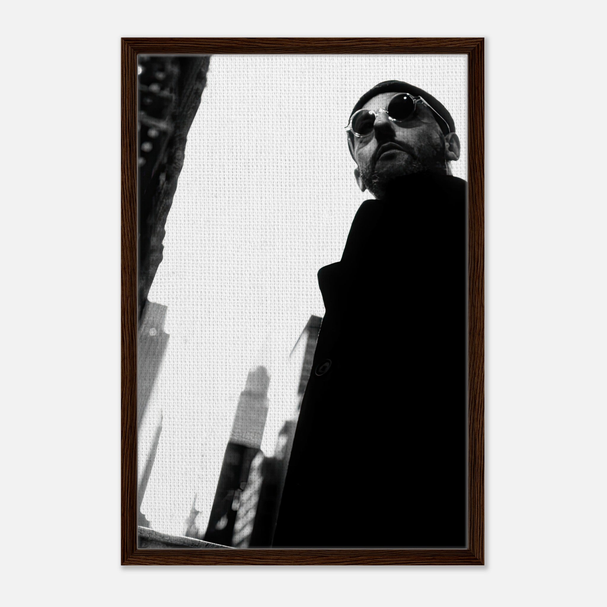 Leon Photography - Jean Reno Framed Canvas Print in black and white, showcasing a cinematic style and sophisticated appeal.