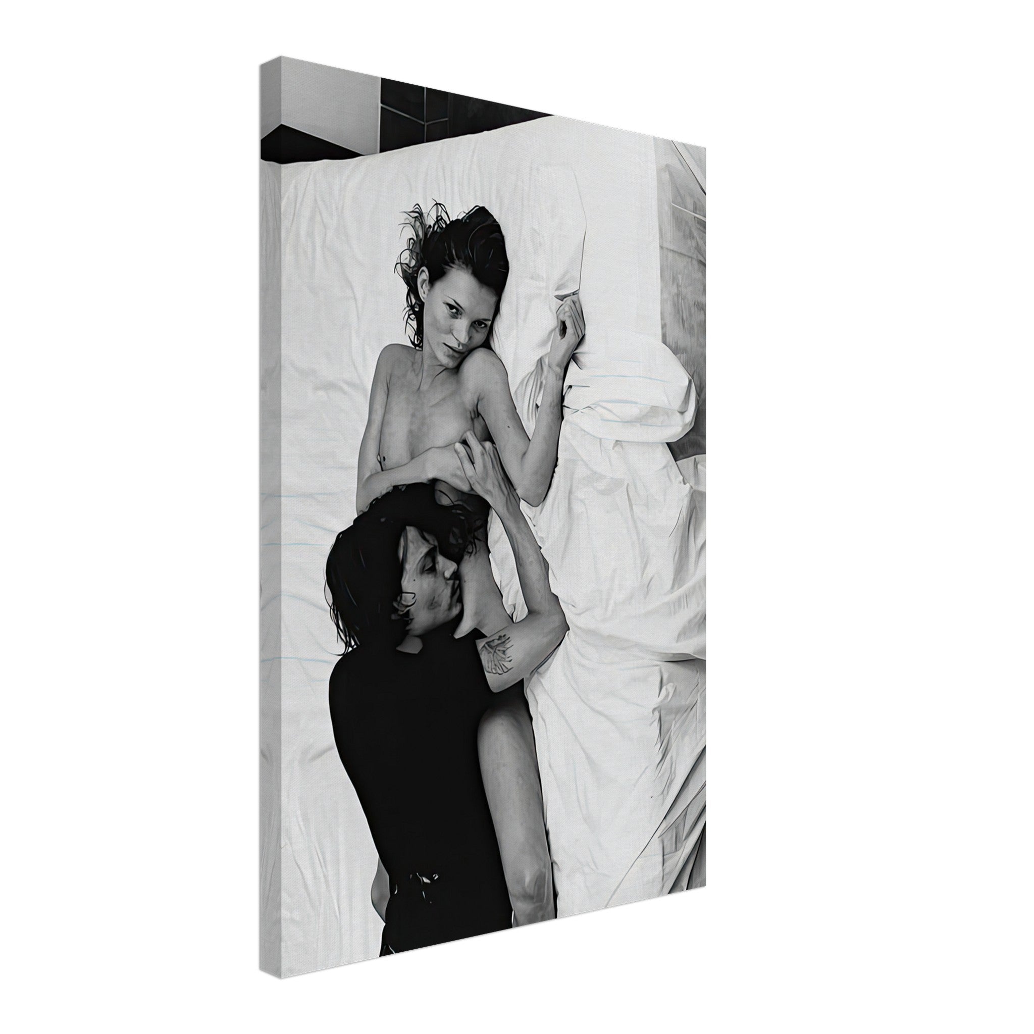 Black-and-white canvas print of Kate Moss and Johnny Depp, capturing 90s glamour and chemistry, photographed by Annie Leibovitz.