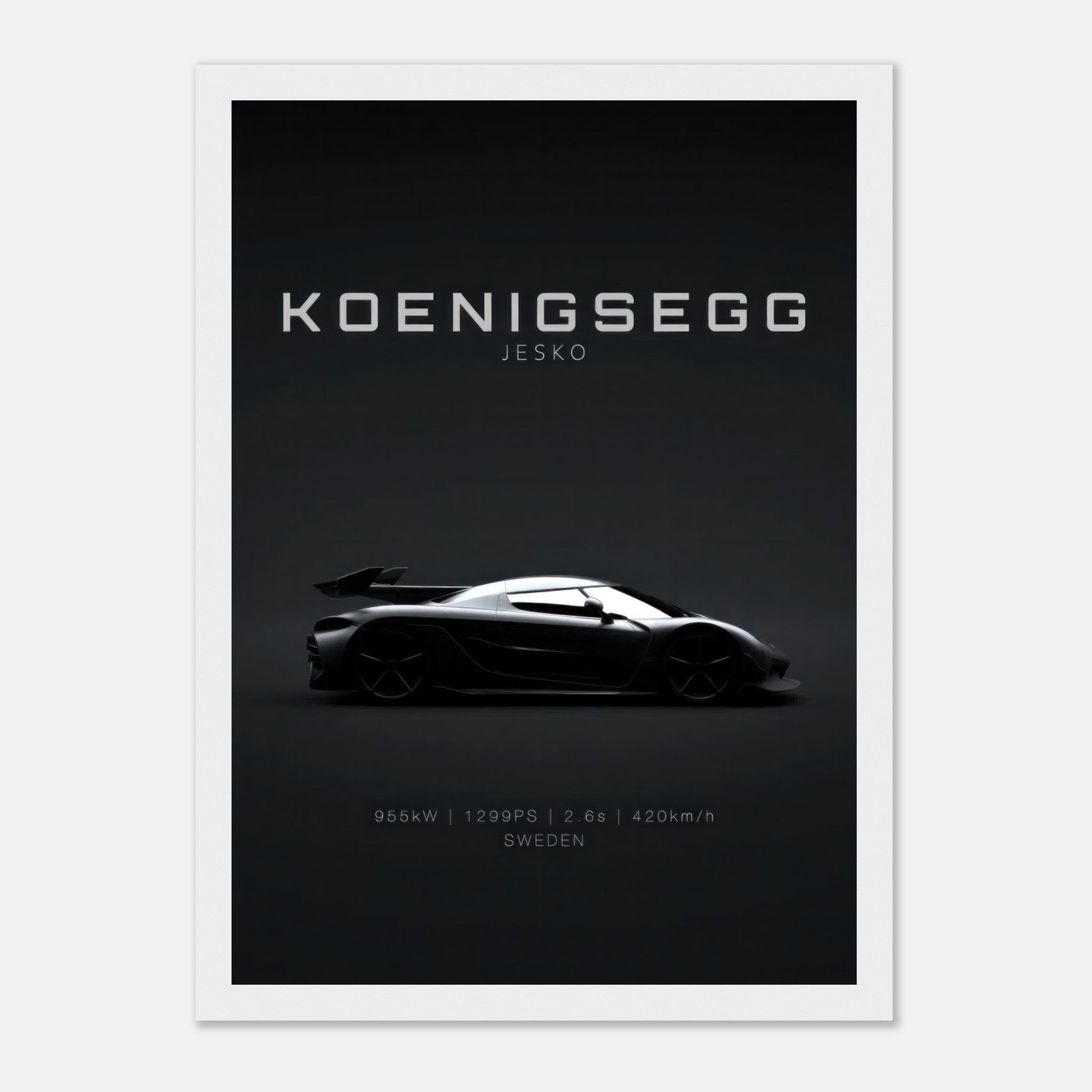 Koenigsegg Jesko framed poster showcasing sleek hypercar design on a minimalist black background.