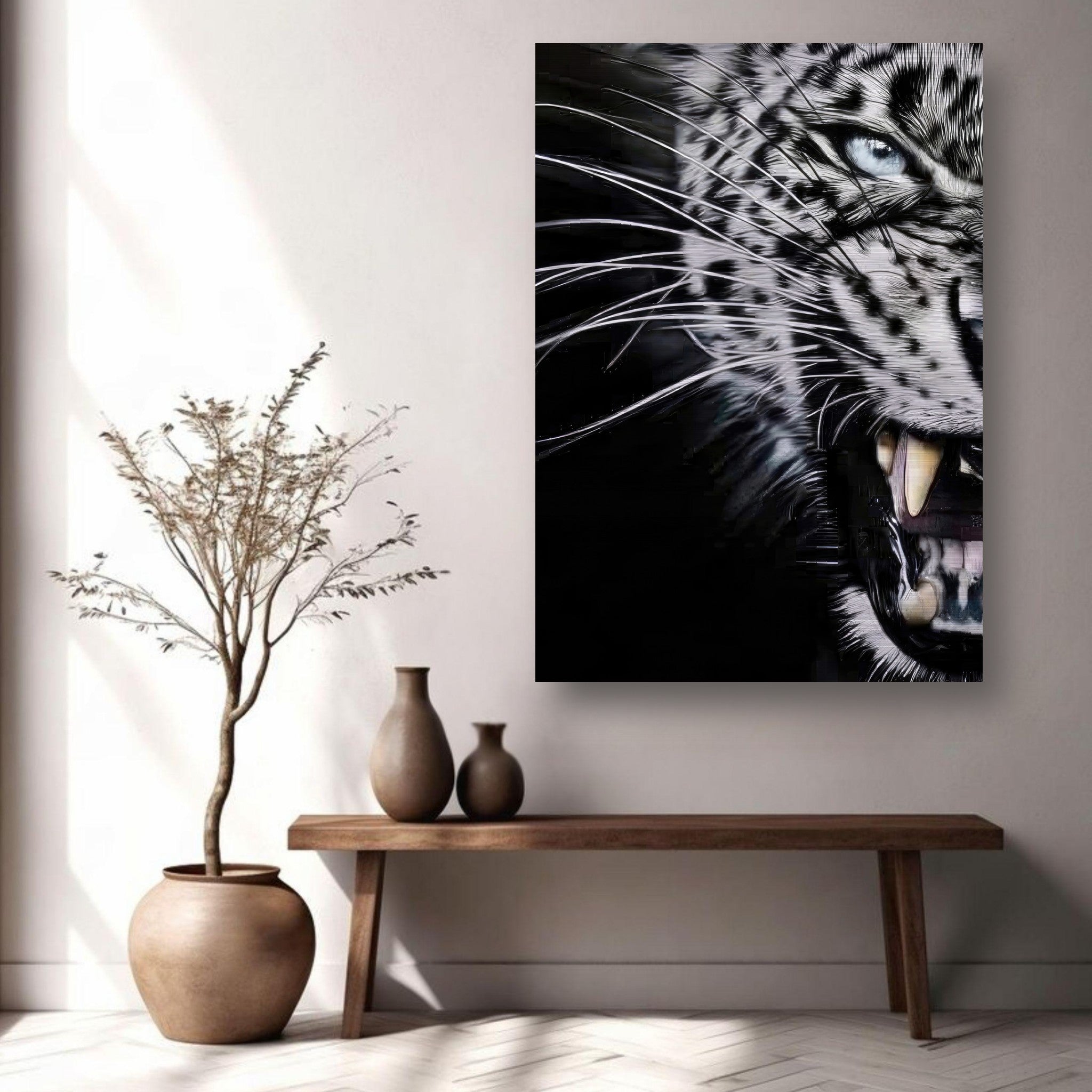 Leopard close-up portrait in brushed metal, showcasing intense expression and piercing blue eyes.