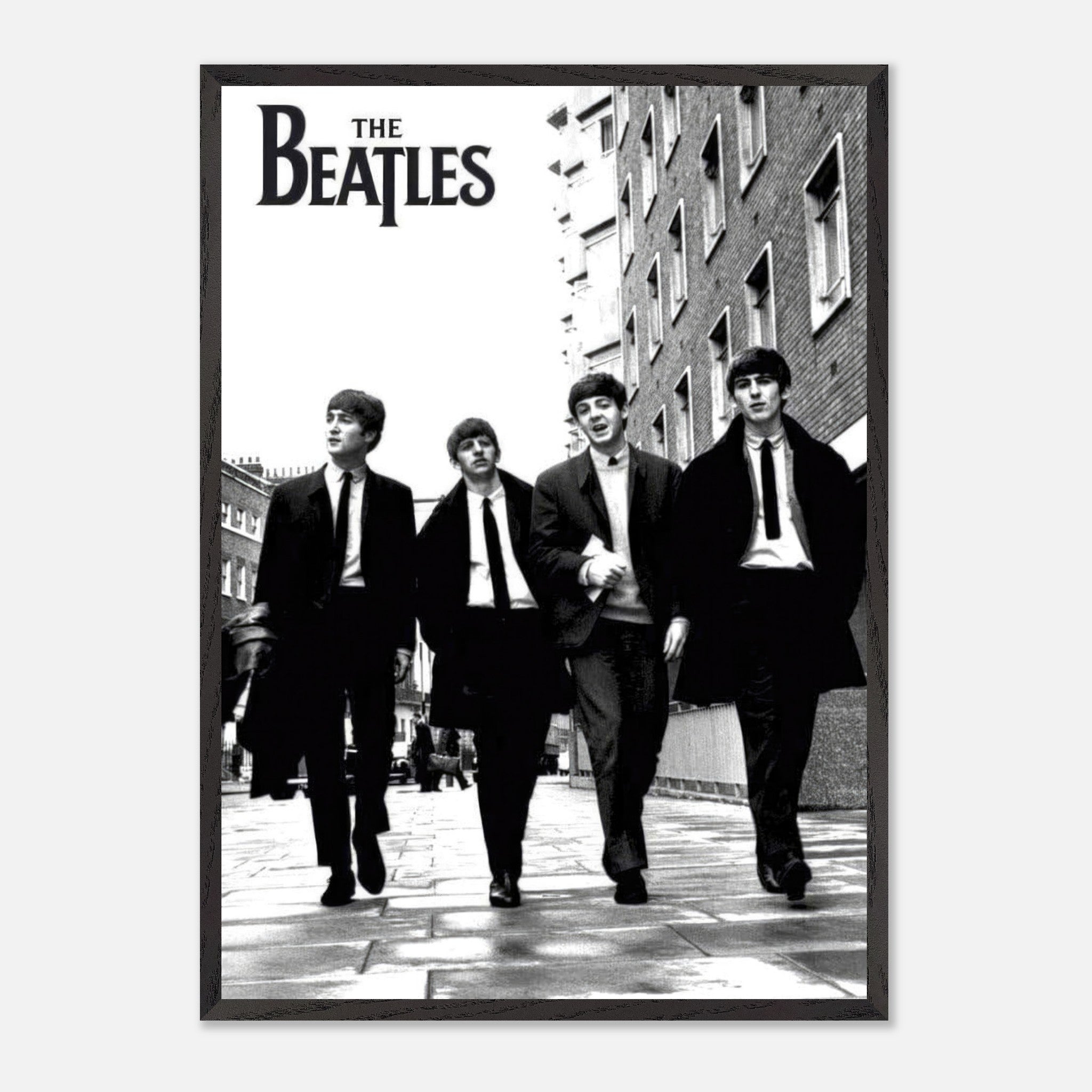 The Beatles fine art giclée print, black and white vintage image of the band walking together.