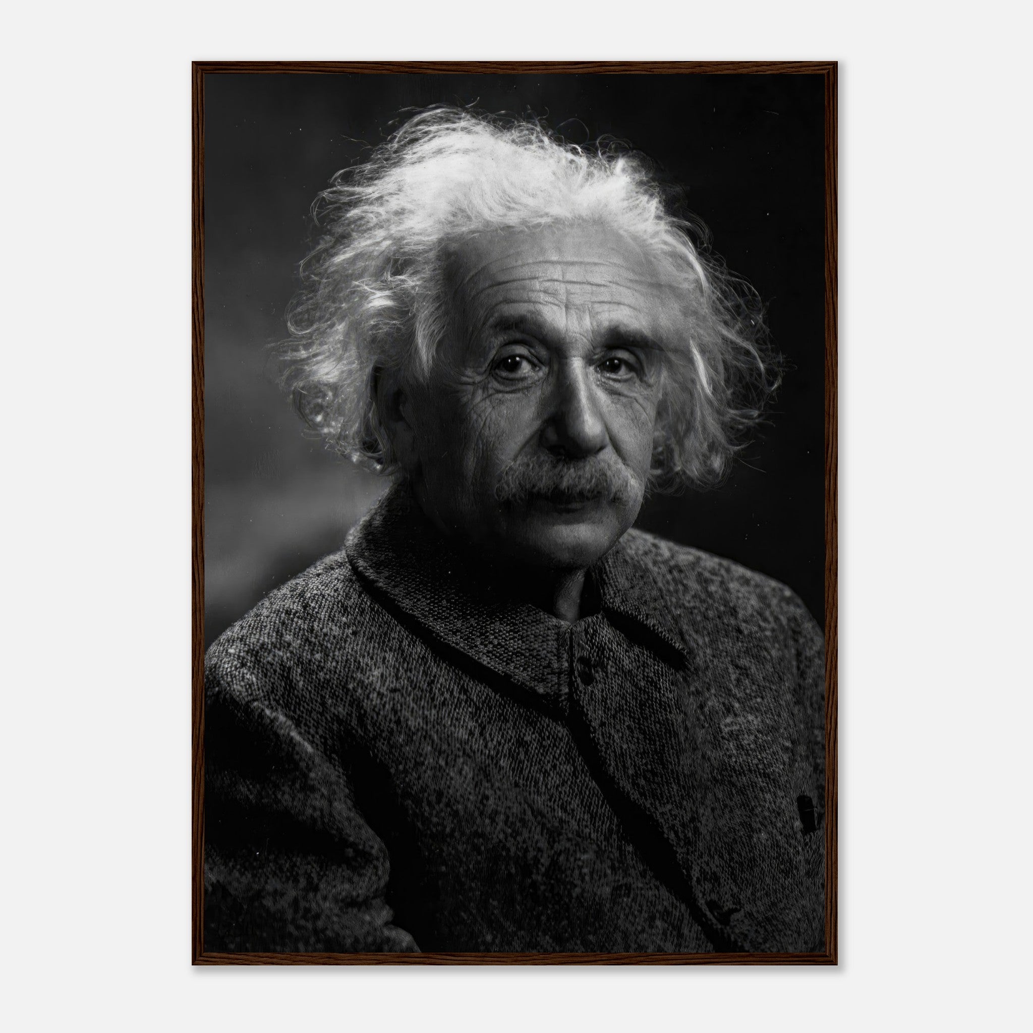 Framed print of Albert Einstein portrait, showcasing a thoughtful expression in black-and-white.