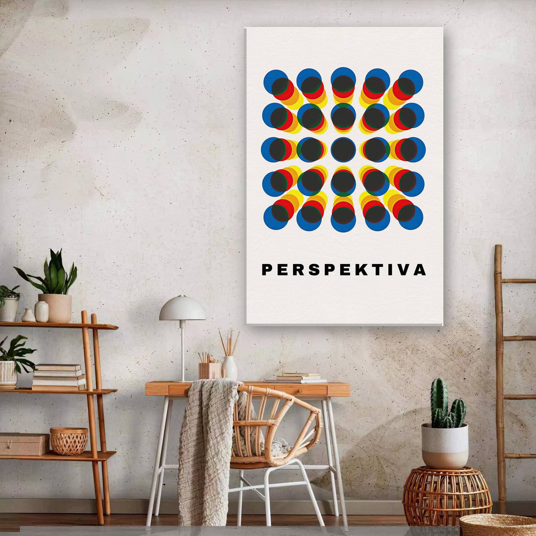 Perspective Abstract Art Canvas Print with bold geometric design and the word 'PERSPEKTIVA' on a modern wall.