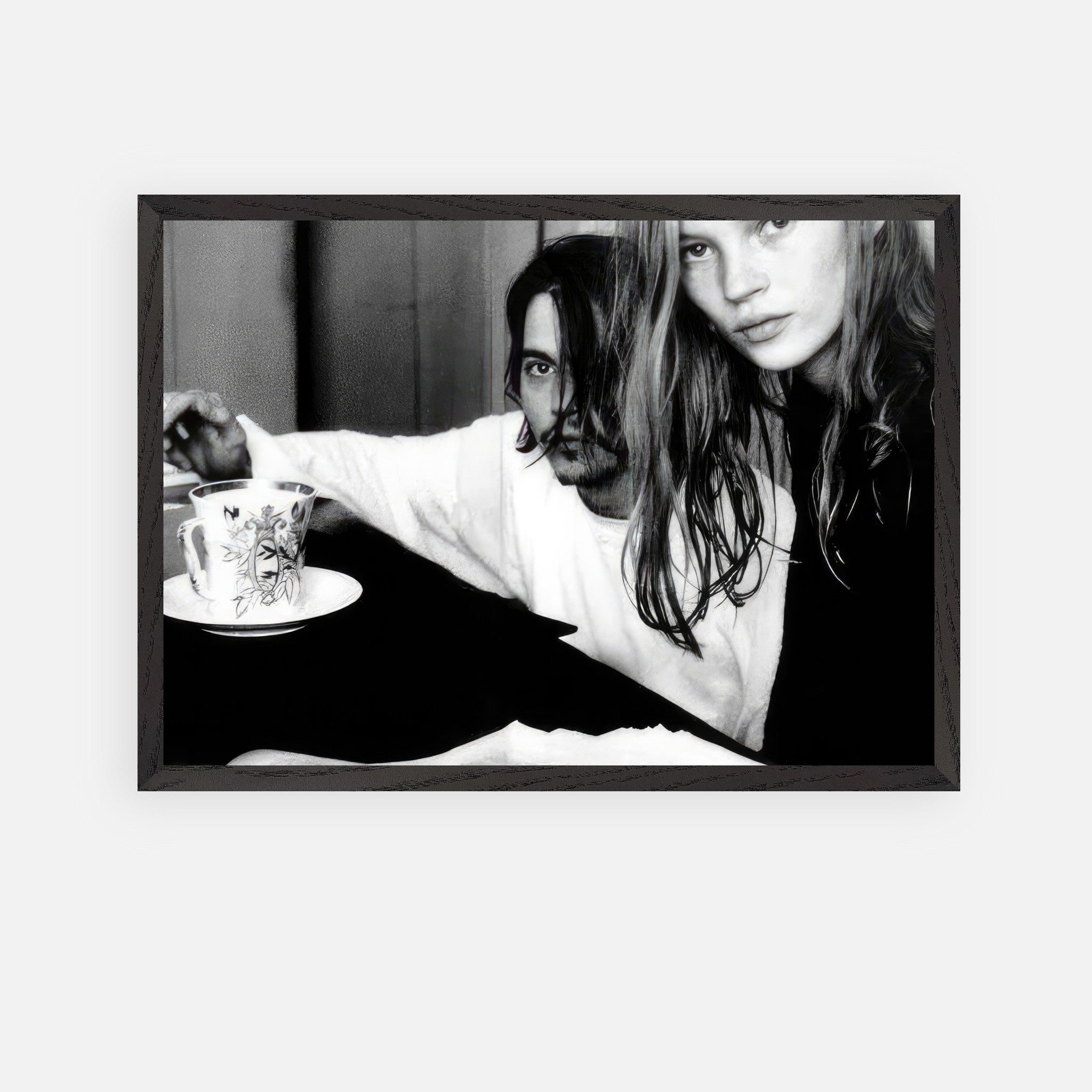 Black-and-white fine art print of Johnny Depp and Kate Moss capturing 90s romance and rebellion, shot by François-Marie Banier.