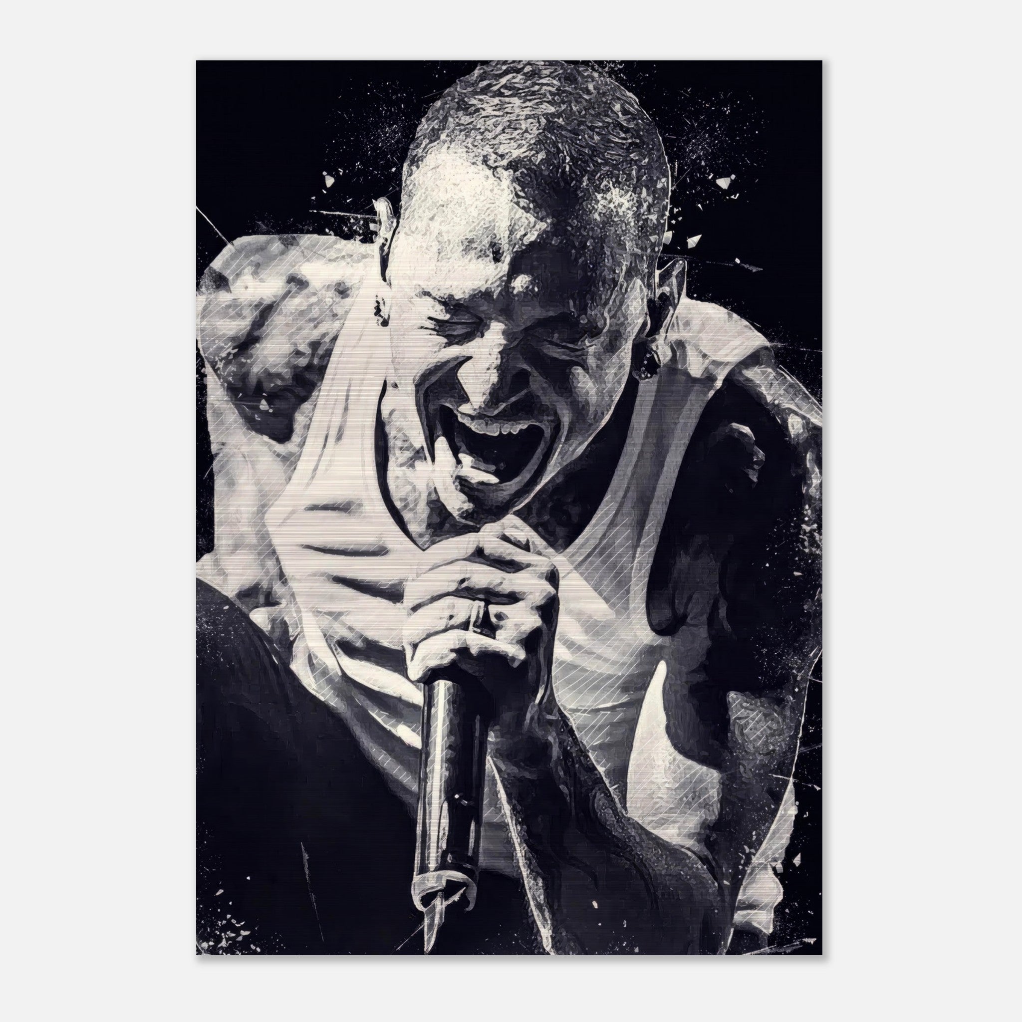 Chester Bennington brushed metal print showcasing an electrifying black-and-white performance, perfect for Linkin Park fans.