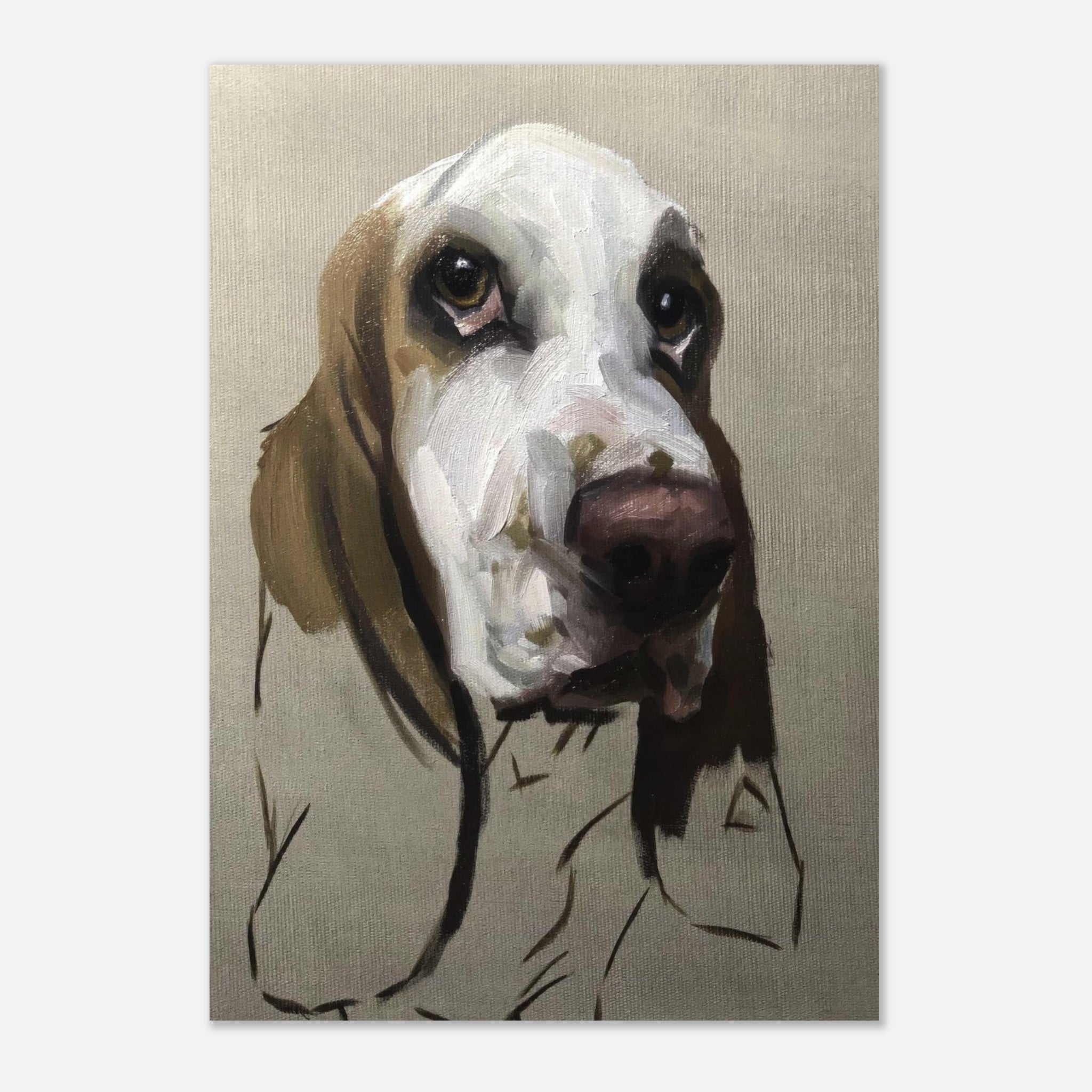 Basset Hound dog painting poster featuring expressive eyes and gentle demeanor in warm colors.