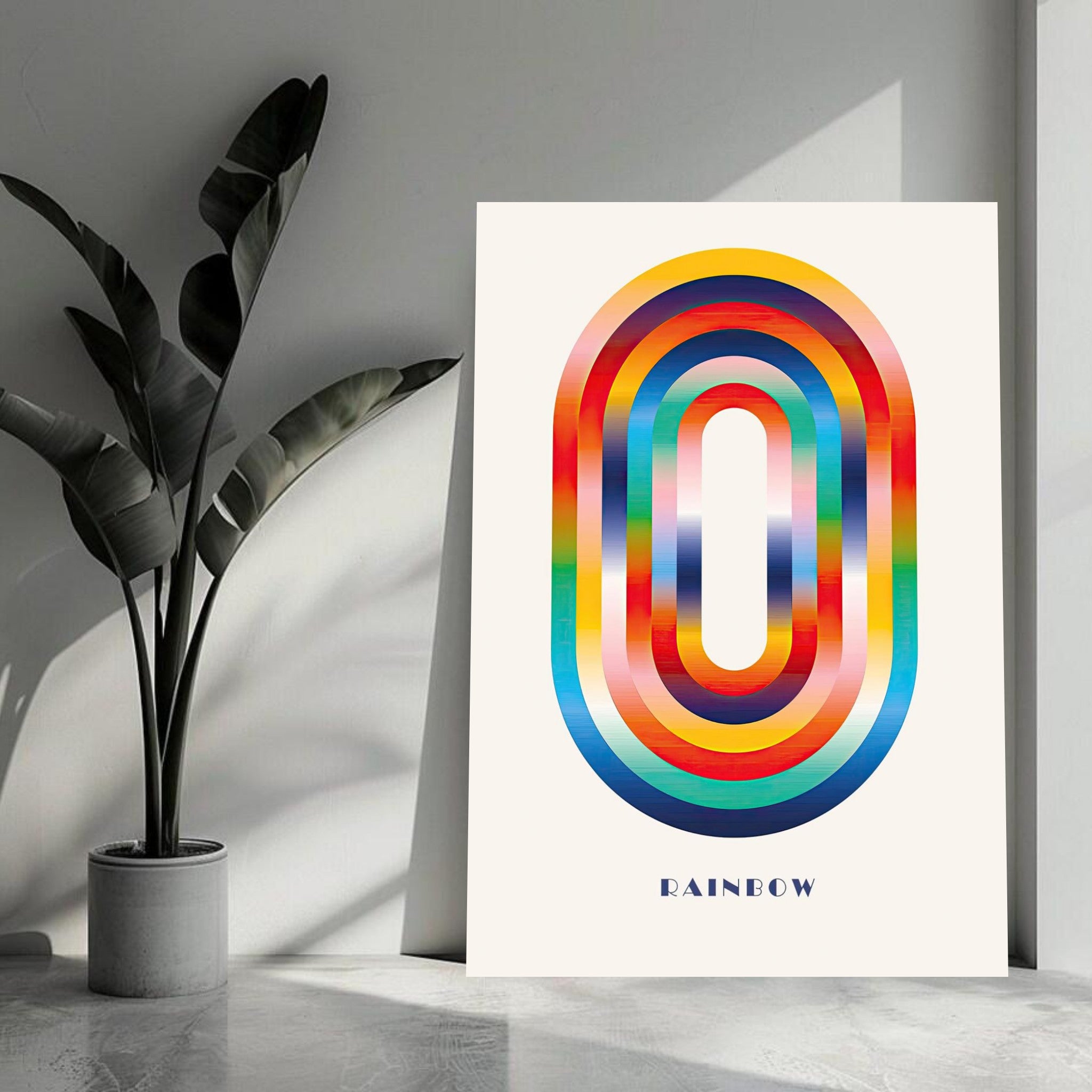 Abstract rainbow geometric art print featuring vibrant colors in a sleek design, perfect for modern decor.