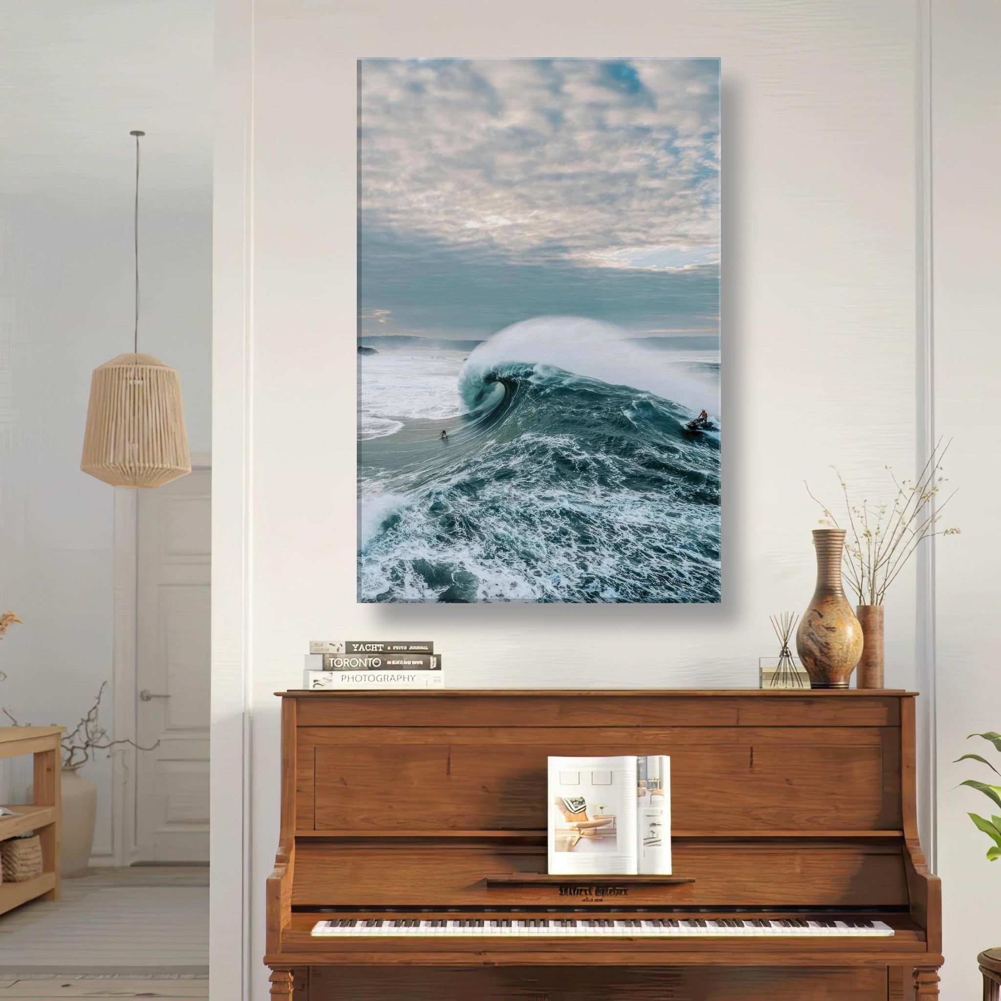 Stunning Big Wave Surfing canvas print showcasing a surfer riding a massive wave in a stylish home setting.