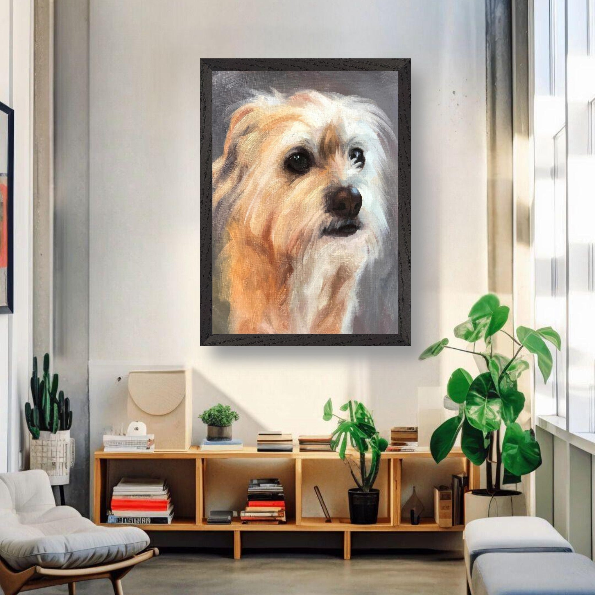 Terrier dog painting vintage framed print displayed in a modern living room with warm colors and natural light.