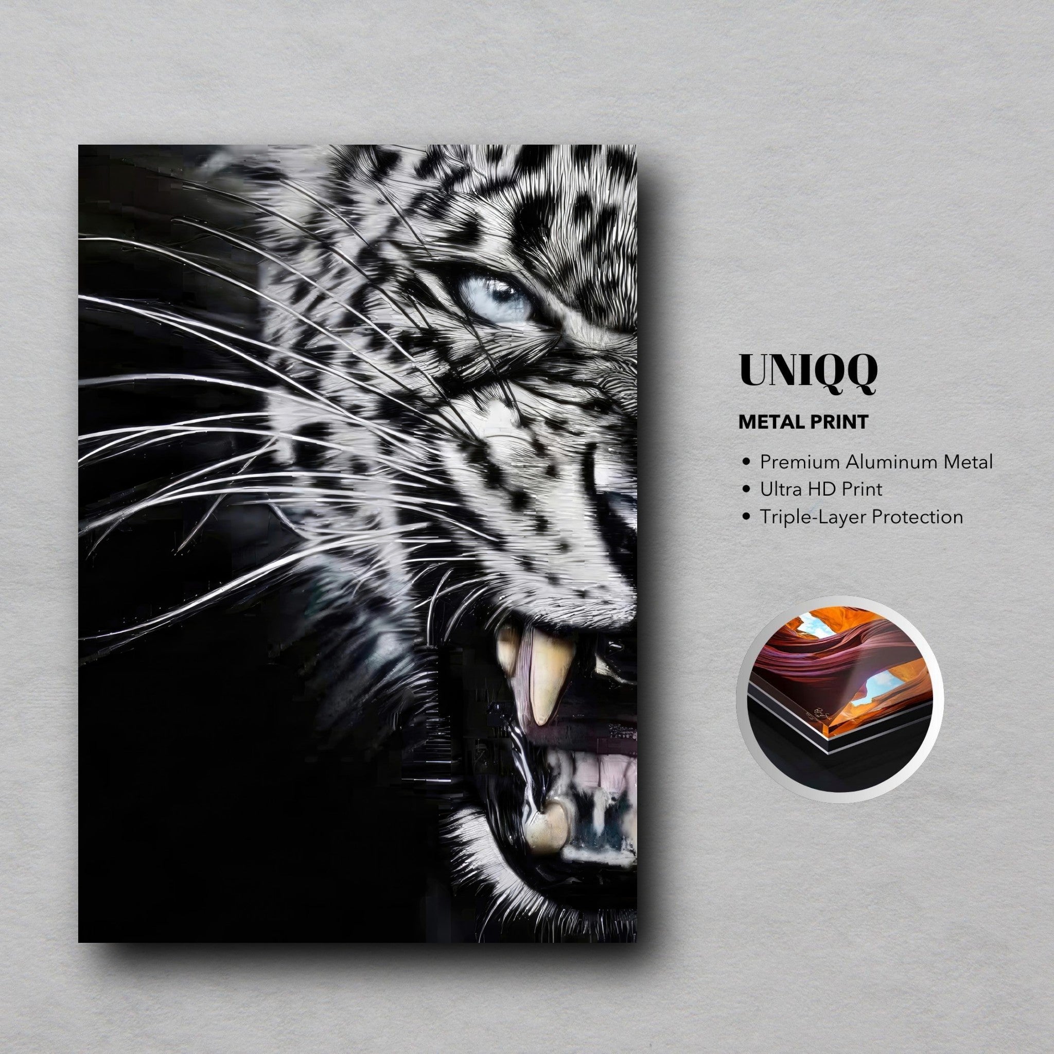 Leopard close-up portrait metal print showcasing sharp details and fierce expression on sleek aluminum surface.